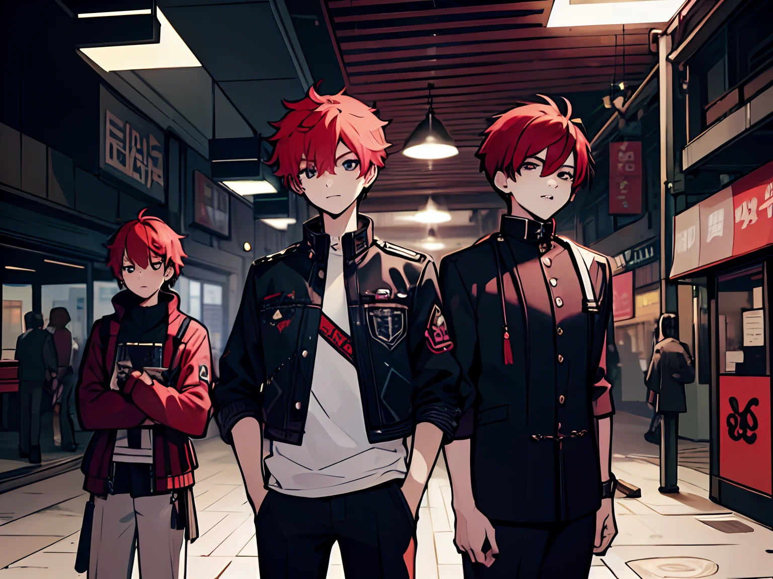 17-year-old male,Two men、 redhair, defiance, impulsive, I want to prove that I am superior to others with a look of superiority、Not knowing how to deal with emotions. punk fashion、Cyber City、grin