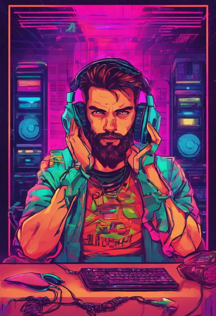 Homem gamer usando fones de ouvido e camisa preta 19 anos em seu cenario gamer com um fundo inspirado em jogos de terror