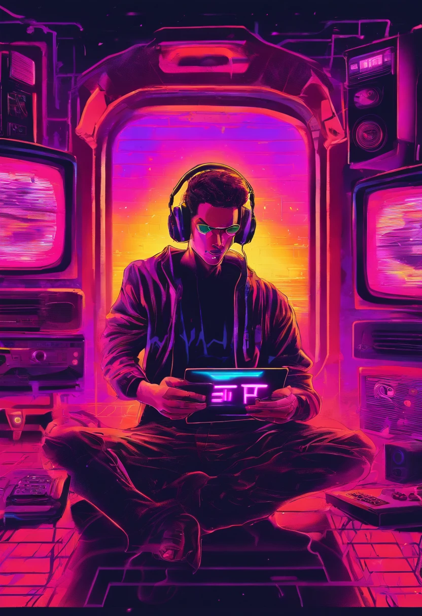 Homem gamer usando fones de ouvido e camisa preta 19 anos em seu cenario gamer com um fundo inspirado em jogos de terror