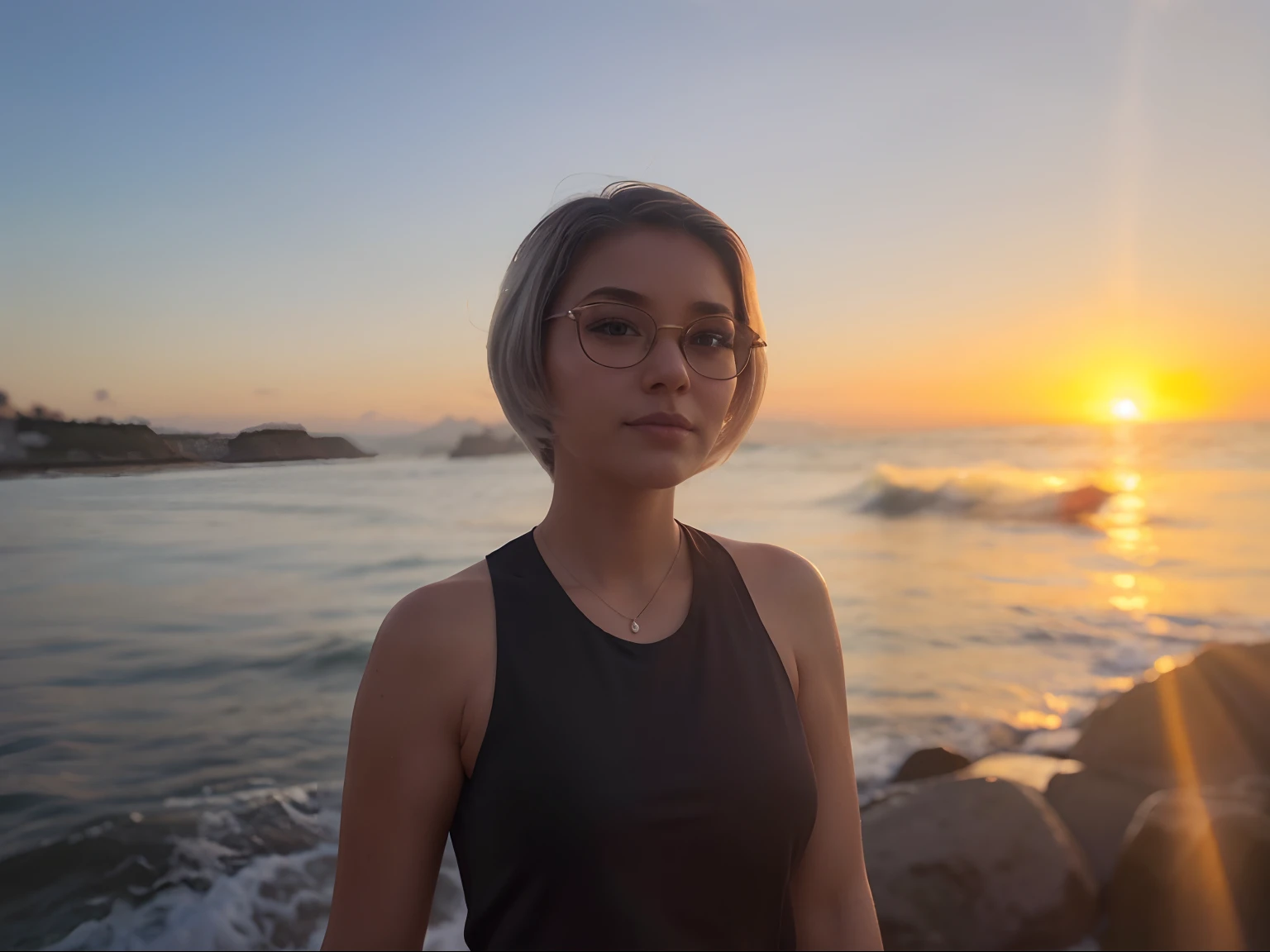 Mulher estilo pixar cabelo branco curto ao por do sol no mar ,alta qualidade melhor qualidade
