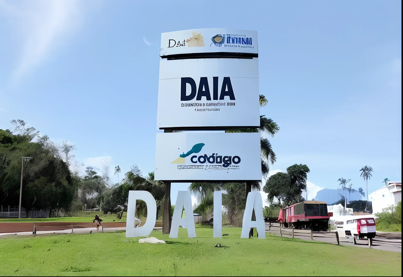 There is a sign that says Dalia and Codego in front of a park, dada 20s, Directed by: Galen Dara, Davi A, Dado, em estilo de davey adesida, colagem Dado, SINAL, signboards, Diego Fazio, dotado, Dadaist, Directed by: Dionisio Baixeras Verdaguer, imagem vazada