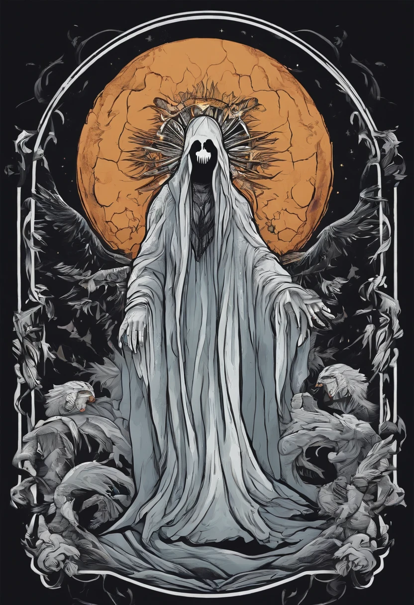 /imagine prompt: ghost illustration for a sticker with a black background, in bold outline style, jagged edges, trashcore, light shading --v 5.2