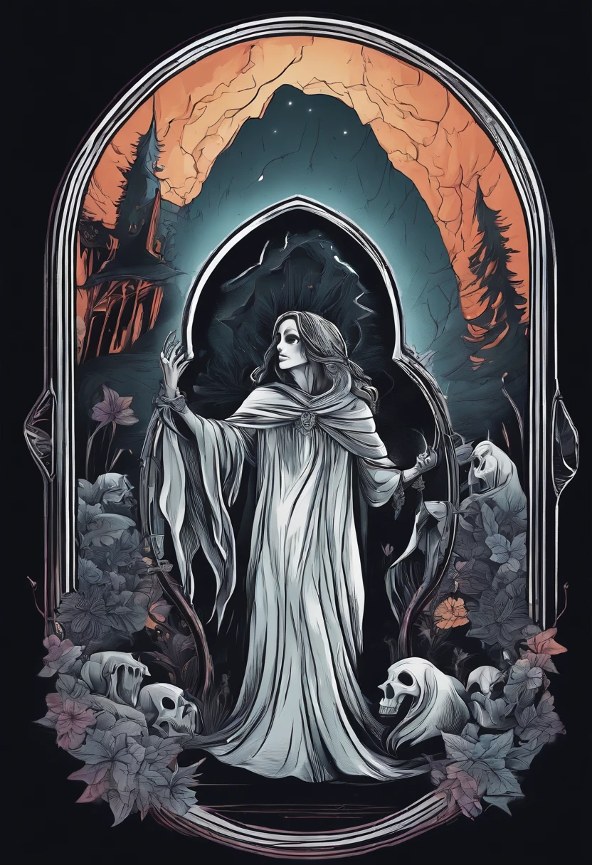 /imagine prompt: ghost illustration for a sticker with a black background, in bold outline style, jagged edges, trashcore, light shading --v 5.2
