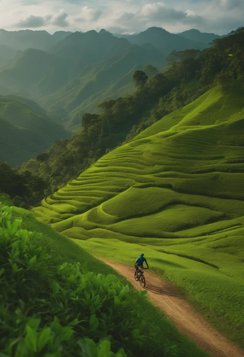 A man riding a mountain bike on top of a lush green hill next to a lush green valley full of trees; sumatraism, uma pintura fosca, Cui Bai, montanhas 8K