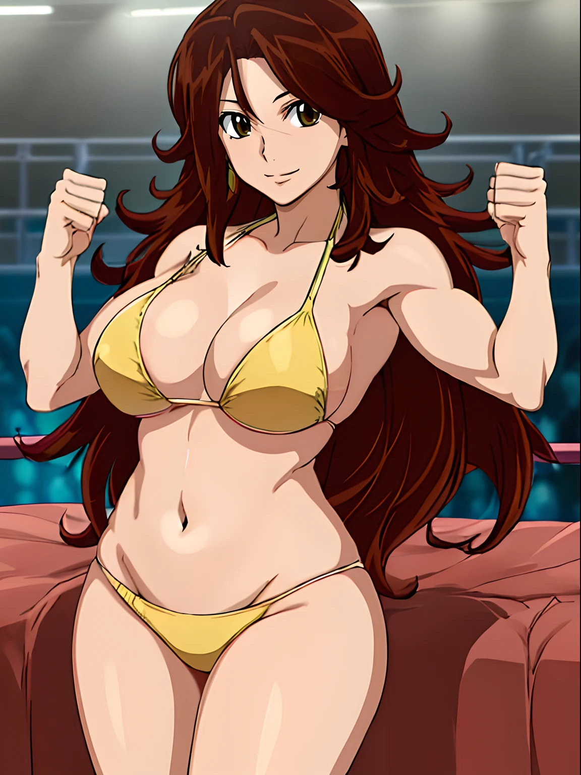 Elegant lady, anime style: 1.8, anime drawing, ultra detailed face, ultra detailed body, 4k, Sumergai Lee Noriega, ((lying down on wrestling arena, )), best quality, anime style, hires, highest definition, digital blending, bold drawing lines, (hands up), ( slim body, (little biceps), , off-shoulders, closed fists, (curvy: 2.8)), ((broken bikini, (chaps))), gentle, (pale skin, shiny skin, big breasts, smile), (big eyes, brown eyes), (brown hair, loose hair), 27 years old,