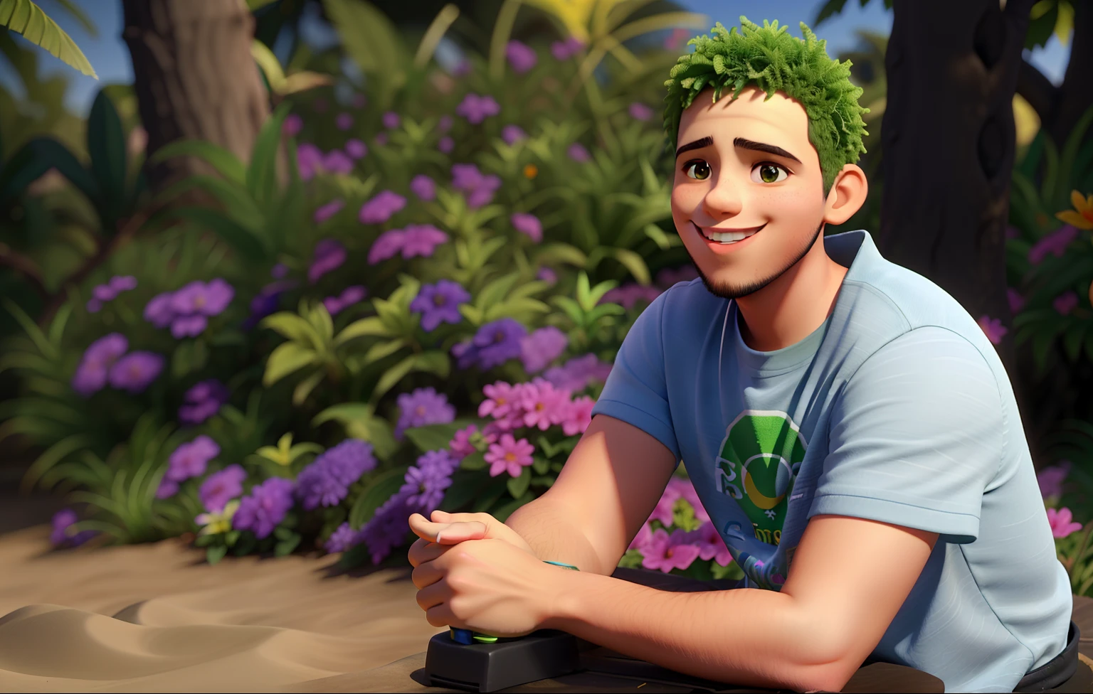 Jovem bonito e sorridente, iluminado pela luz do sol com fundo de verde da natureza e flores