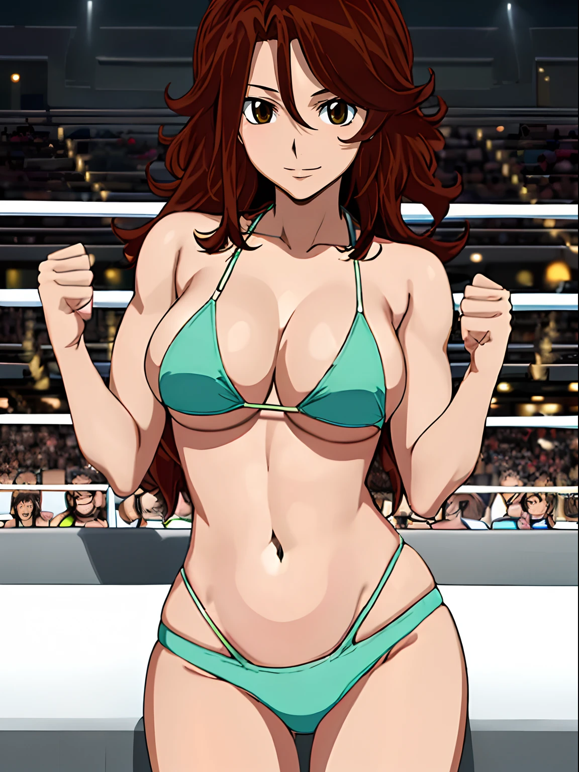 Elegant lady, anime style: 1.8, anime drawing, ultra detailed face, ultra detailed body, 4k, Sumergai Lee Noriega, ((lying down on wrestling arena, )), best quality, anime style, hires, highest definition, digital blending, bold drawing lines, (hands up), ( slim body, (little biceps), , off-shoulders, closed fists, (curvy: 2.8)), ((broken bikini, (chaps))), gentle, (pale skin, shiny skin, big breasts, smile), (big eyes, brown eyes), (brown hair, loose hair), 27 years old,