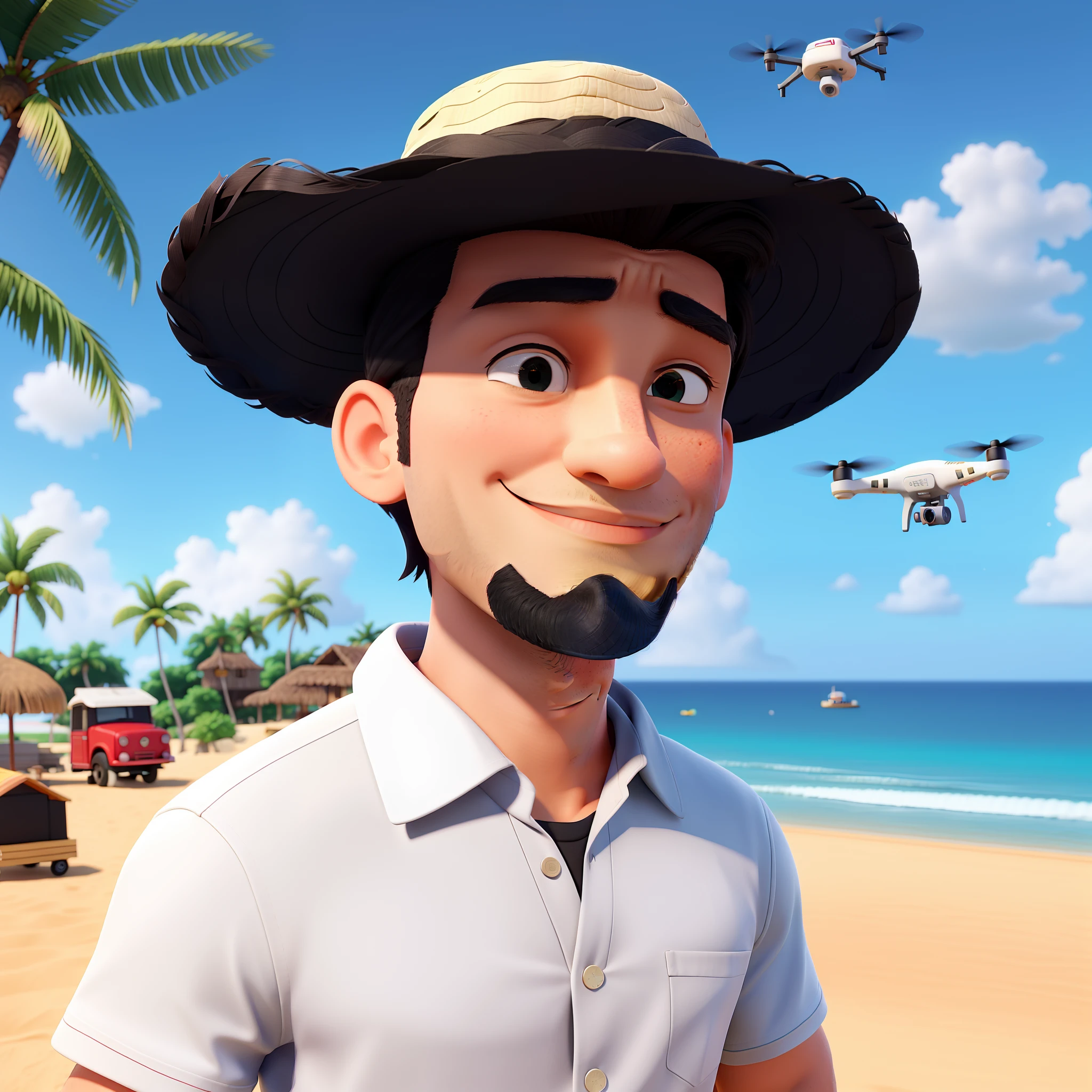 Um homem de 30 anos, cabelo no tamanho da linha dos ombros, black straw hat, Against the backdrop a beach at sunset with the drone on top