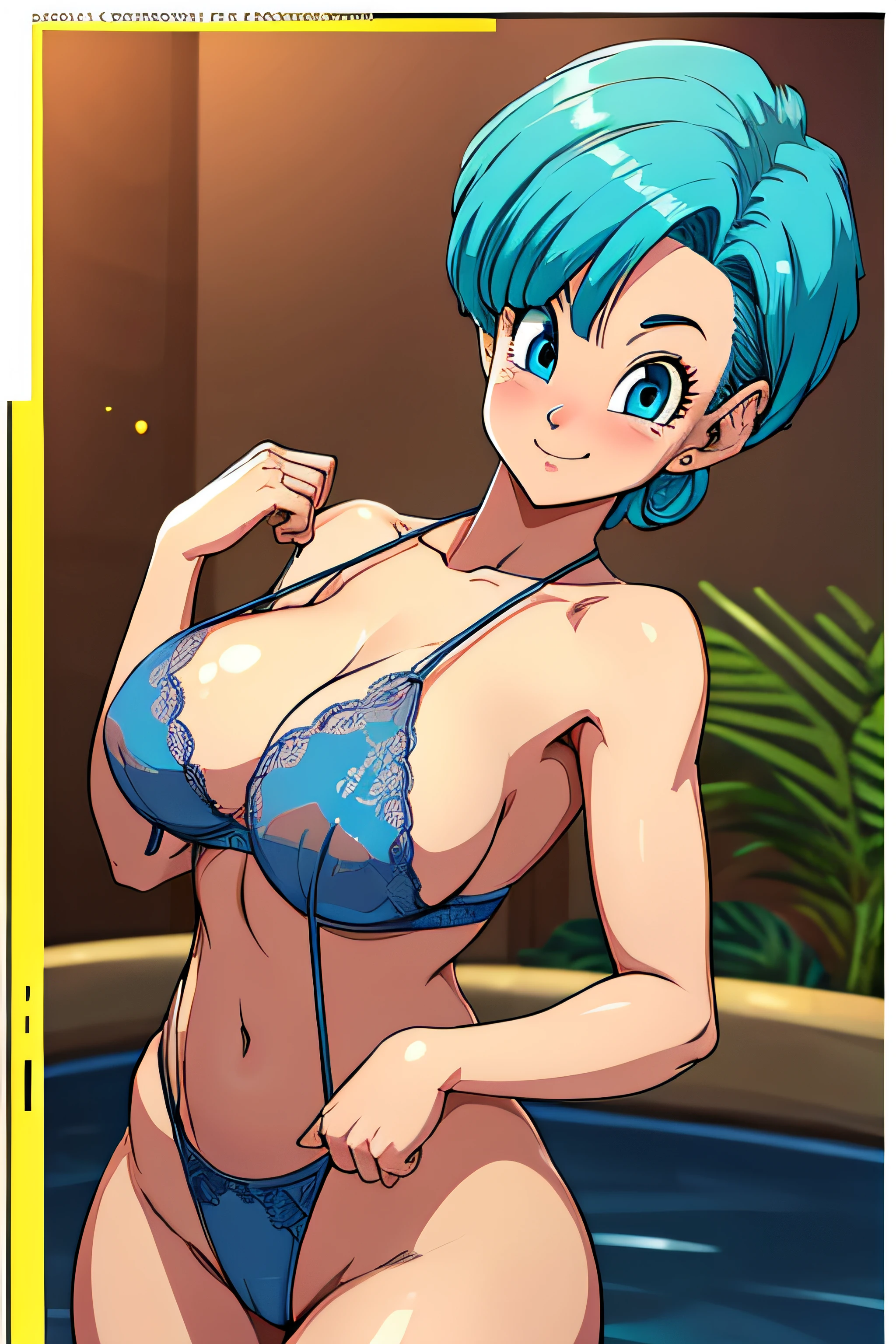 high definition, 8K, detailed face, grabbing her breast, touching her breast, showing her breast, Bulma from dragonball z, Deep blue eyes, ((yellow see through lingerie)), spa, (large breasts)), slim and thin, body of equal proportions, ((focus on her breast)), front view, four fingers and 1 thumb, ((2 hands)), Blue hair, Beautiful smile, Smiling at viewer, blushing cheeks,