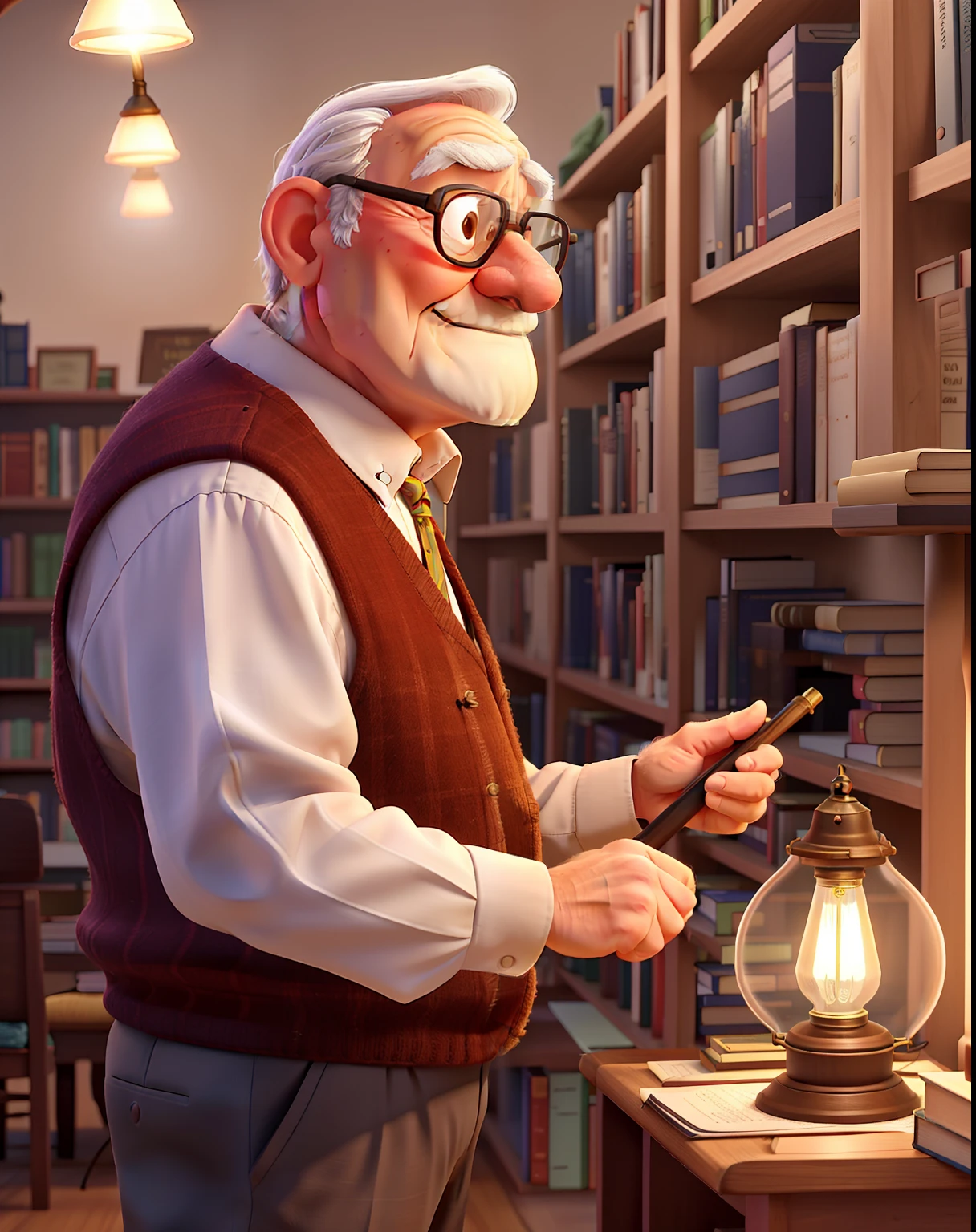 A wise old man standing in front, illuminated by the light of a lamp, against the backdrop of a library