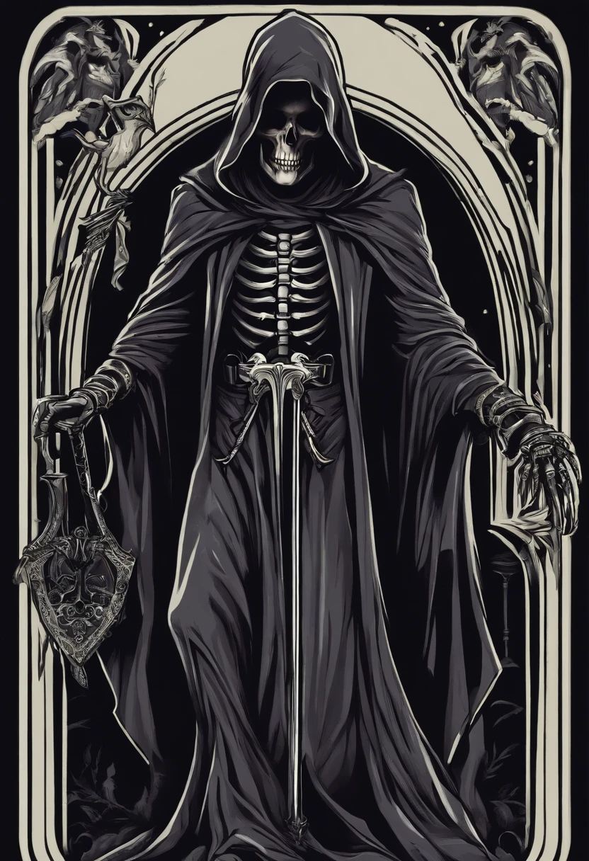 /imagine prompt: grim reaper illustration for a sticker with a black background, in bold outline style, jagged edges, trashcore, light shading --v 5.2