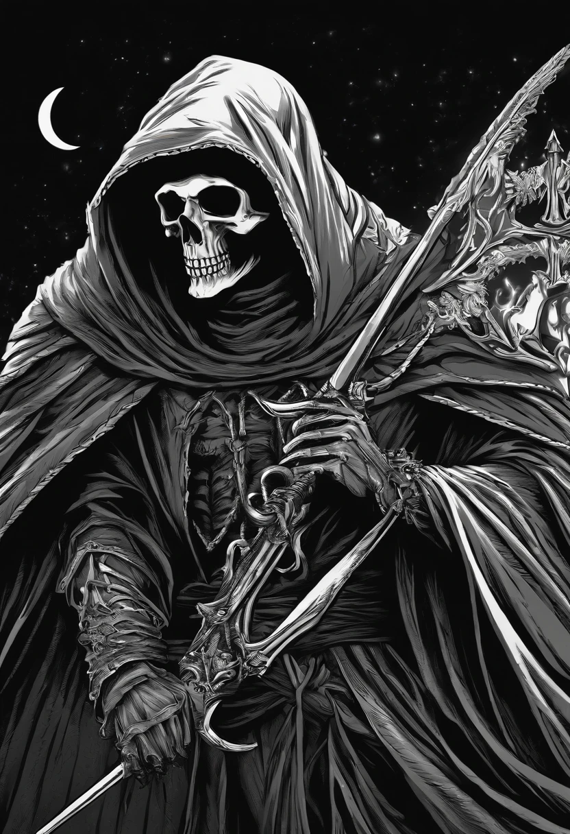 /imagine prompt: grim reaper illustration for a sticker with a black background, in bold outline style, jagged edges, trashcore, light shading --v 5.2