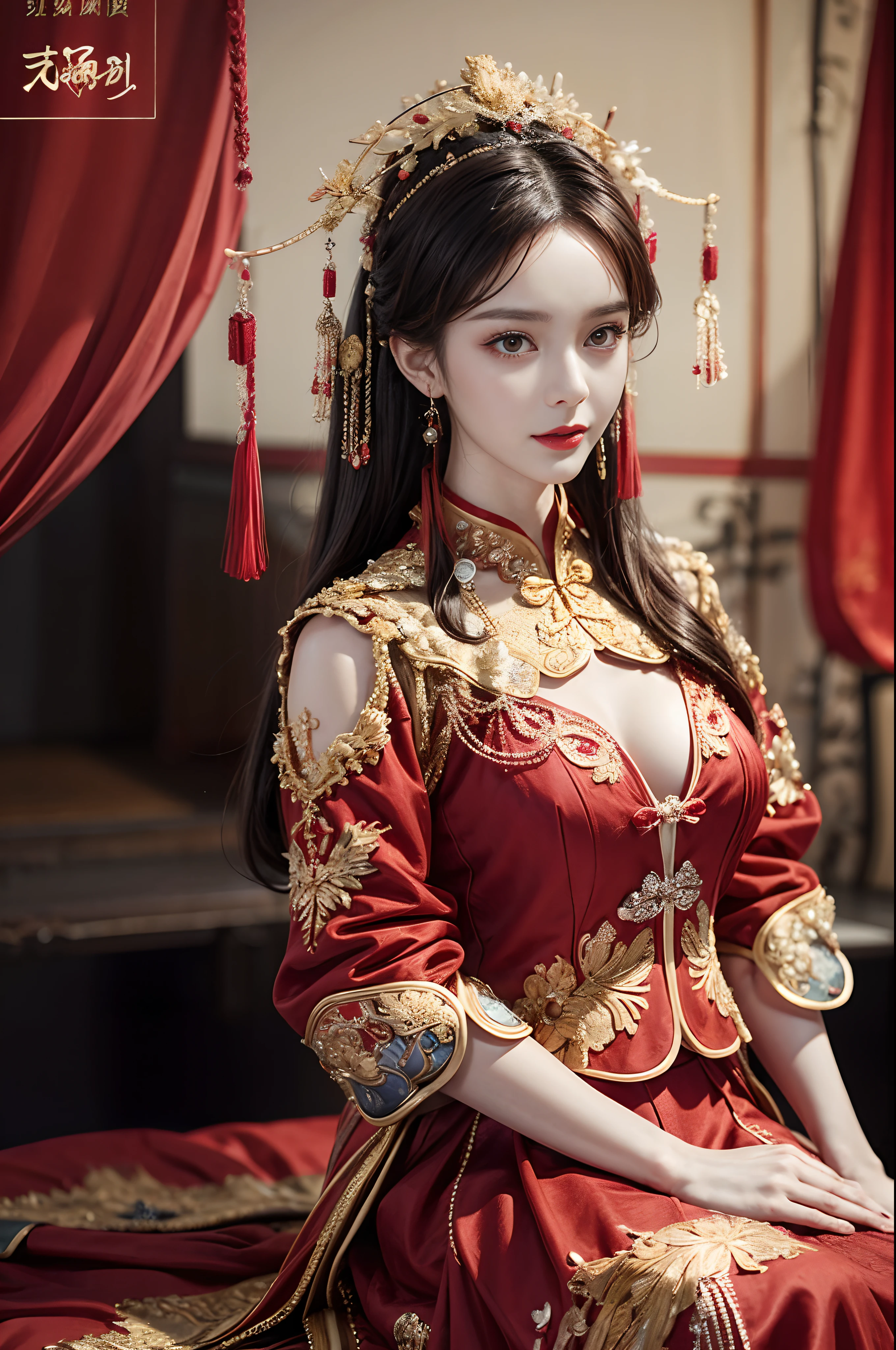 （Ultra-realistic 8K CG：1.2），Perfect artwork，delicate patterns，Complicated details，Heavy makeup，（Unbeatable masterpiece，Best quality at best：1.2），（extremly intricate：1.2），A beautiful cyberpunk woman，Woman in red and gold dress，（Expose legs1:1.2），Phoenix crown，hair stick，（sitting on red bed），cosmetics，Be red in the face，is shy，black_Hair，looking-down，cosmetics，（forehead dot），（2 red candles），Chinese_clothes，窗帘，耳Nipple Ring，Hair_decorations，Hanfu，inside in room， jewely，rednails，Long_Sleeves，reddress，Redlip，nipple tassels，（Red quilt），（red palace：1.2），（Chinese Ancient Architecture），（rot：1.8），natta