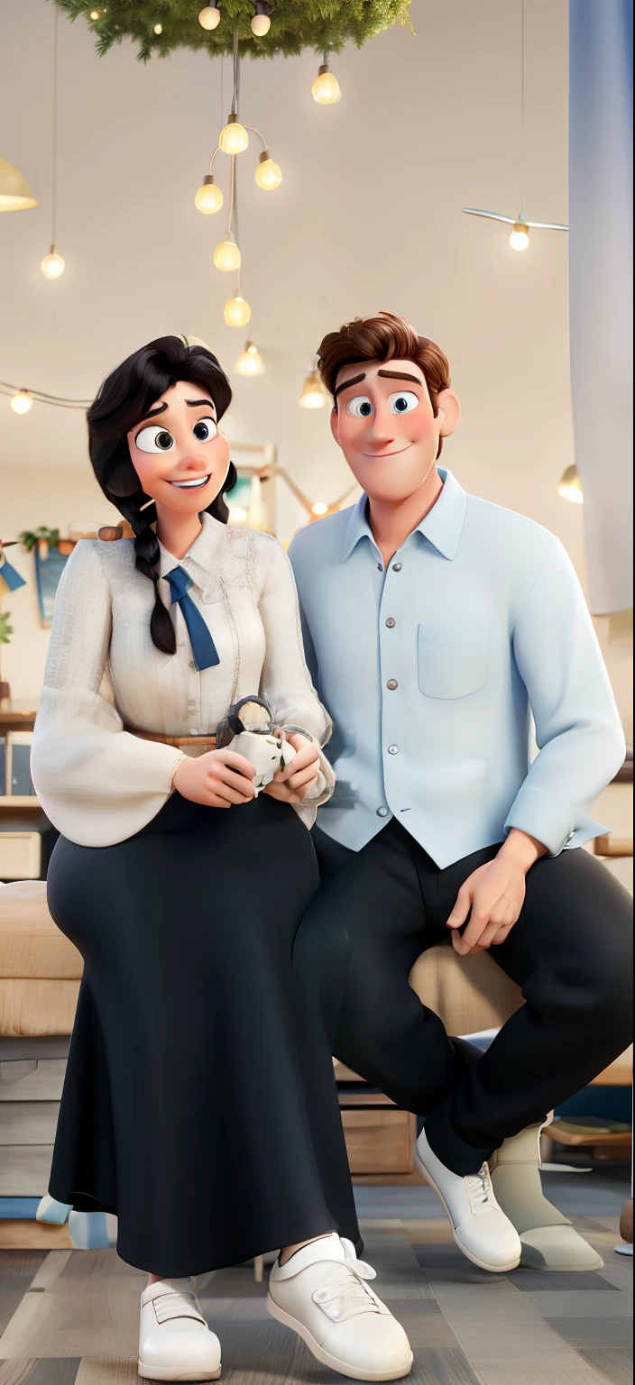 Disney Pixar style 3d banner of a couple where he is a seamstress with dark blonde hair and he works with actions on the computer with black hair