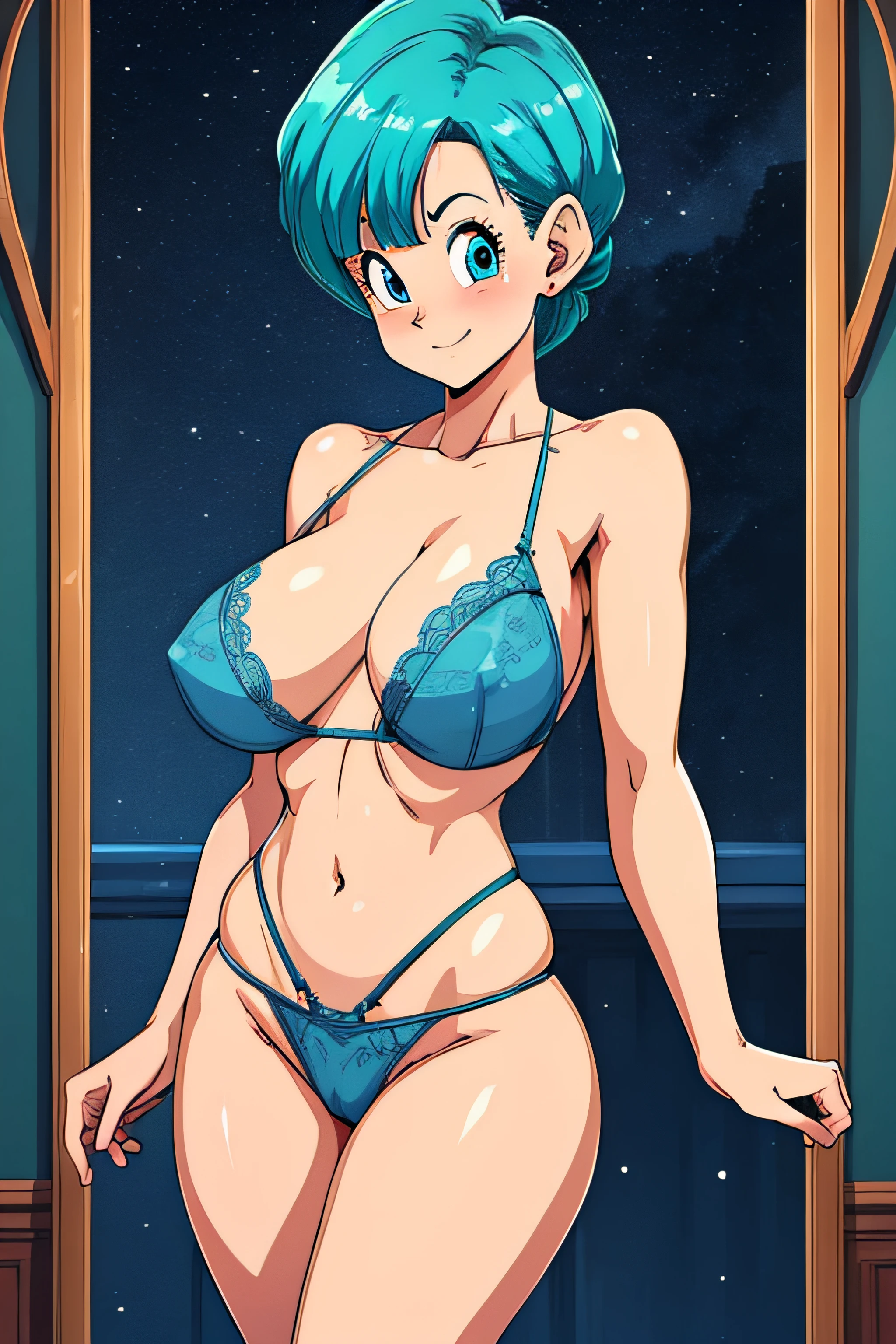 high definition, 8K, detailed face, grabbing her breast, touching her breast, showing her breast, Bulma from dragonball z, Deep blue eyes, ((yellow see through lingerie)), spa, (large breasts)), slim and thin, body of equal proportions, ((focus on her breast)), front view, four fingers and 1 thumb, ((2 hands)), Blue hair, Beautiful smile, Smiling at viewer, blushing cheeks,