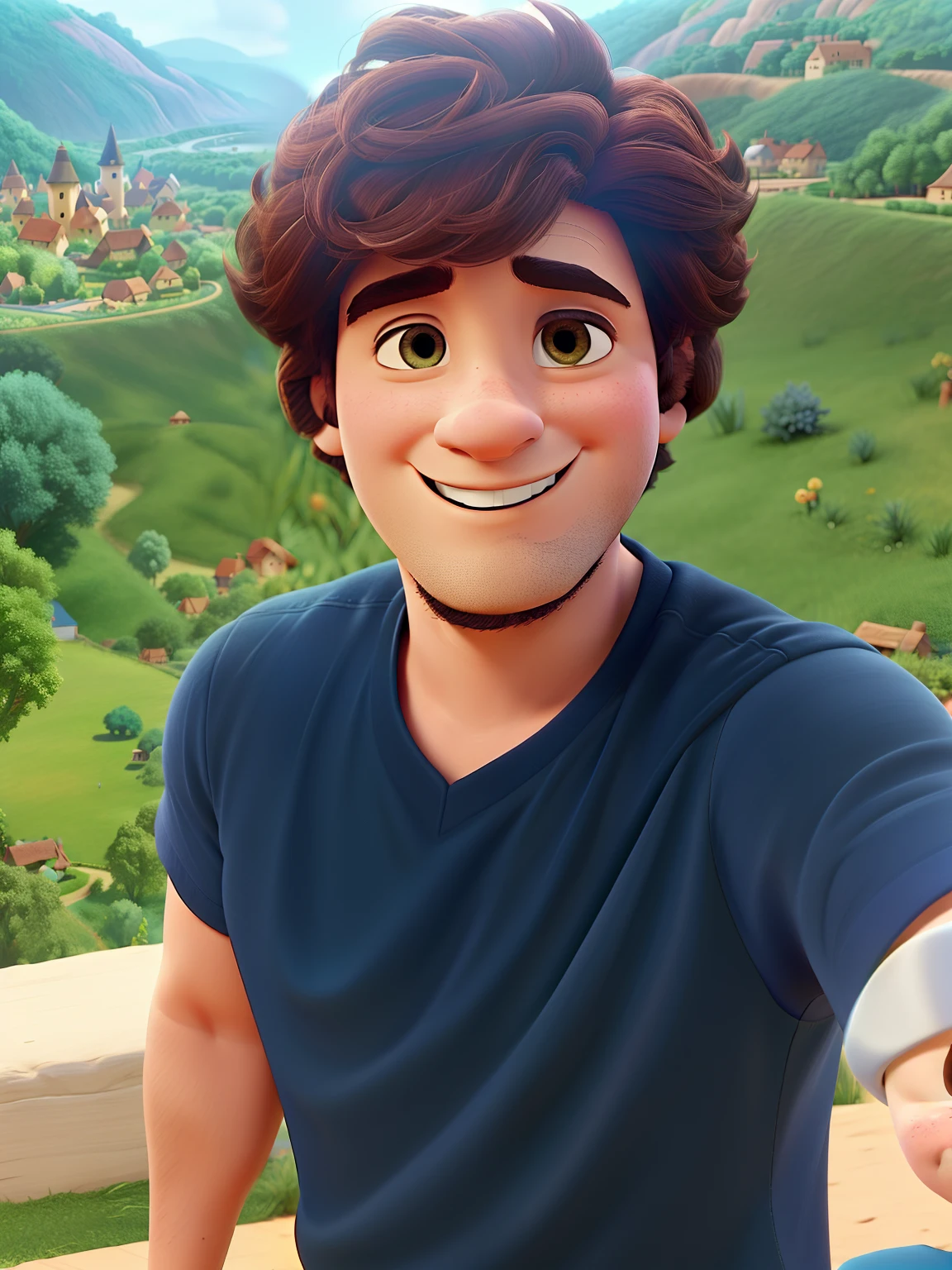 A poster of the Disney Pixar-inspired film with the title "Village there life", "O personagem e a pessoa da foto