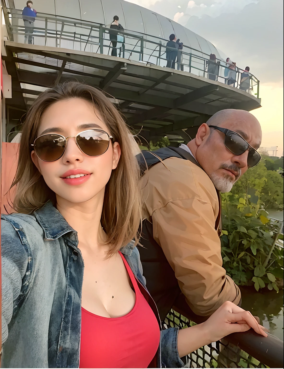 There is a man and a woman standing on a bridge with a bridge in the background, em uma ponte, Directed by: Nandor Soldier, A Rocha, Mulher de 30 anos da Noruega, imagem de perfil, instagram post, Dominic Toreto, na cobertura, com um parque ao fundo, imagem vazada, vacation photo, Karolina Cummings