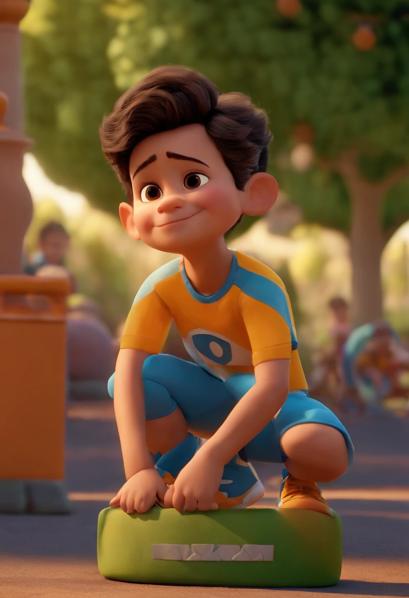 (Pixar 1.23 estilo) 1 homen((parte superior do corpo frente, busto tiro)), solo, cute child, morena, tracksuit bonito, ******, korean child, playground, ((obra-prima, mais alta qualidade)), (composite lighting)