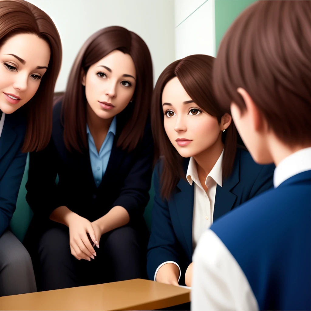 Criar imagem estilo Disney Pixar. The image is of a psychologist with chin-length brown hair. She is in a virtual room with her mentees in a group mentorship. There's the word Talent on the screen Portuguese.