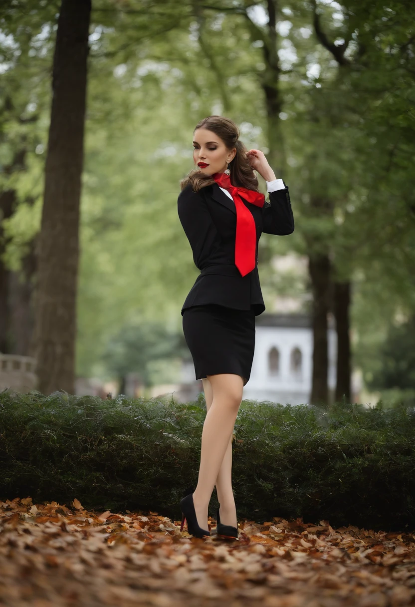master part, best quality, feMonica, coque de cabelo, pigtail, red bow, Black jacket, black skirt, Red pantyhose, parte superior do corpo, de cima, deitado de costas, grama, Olhando para o Viewer, Cansado, sorrir, Jardim