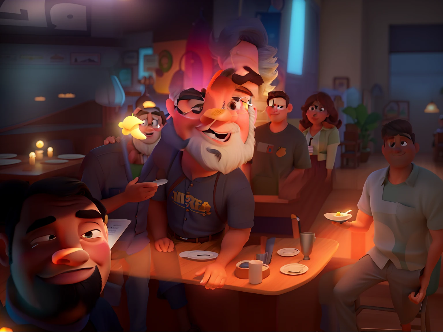 Poster no estilo Disney pixar, alta qualidade, melhor qualidade, homem sexy branco, 30 anos cabelo grisalho barba preta, musculoso, com fundo em um restaurante a luz de velas