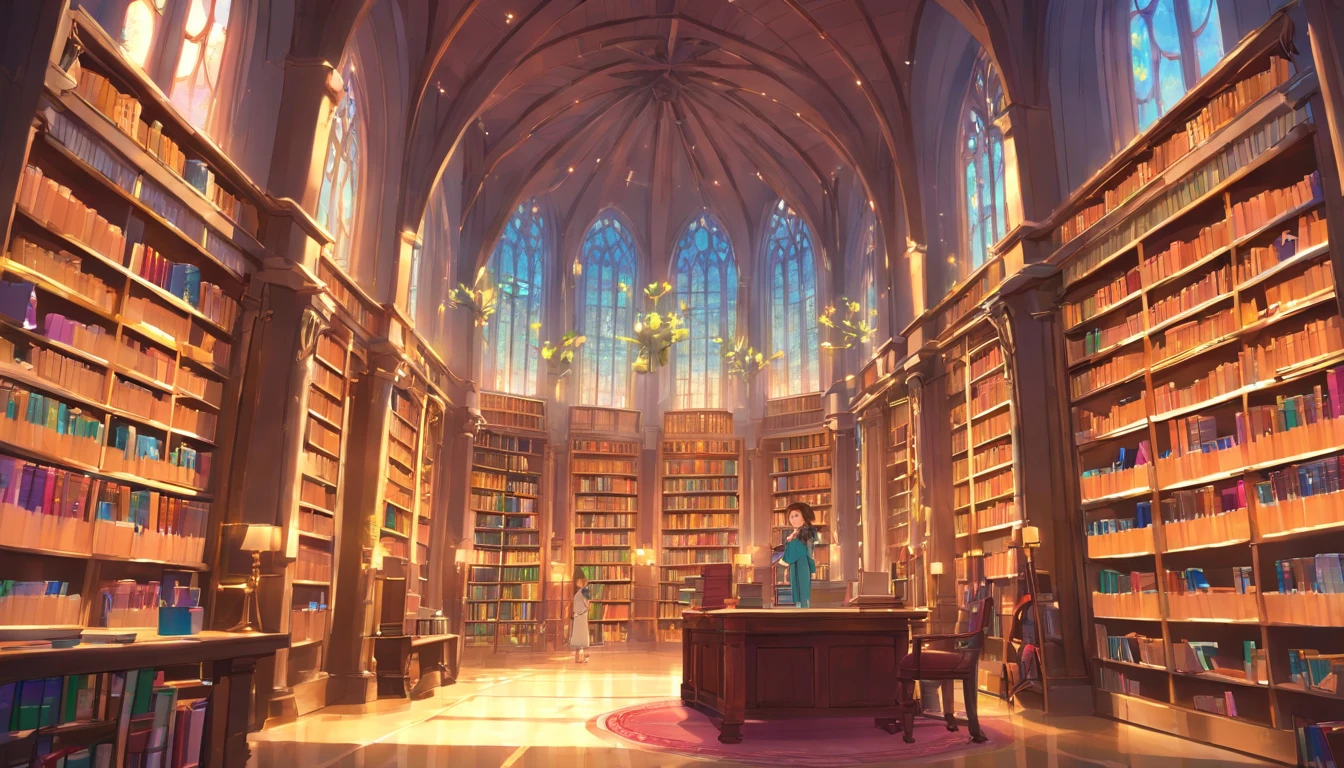 General shot of the castle library with shelves full of shiny books. (fantasy, mythical creatures, magical scene)