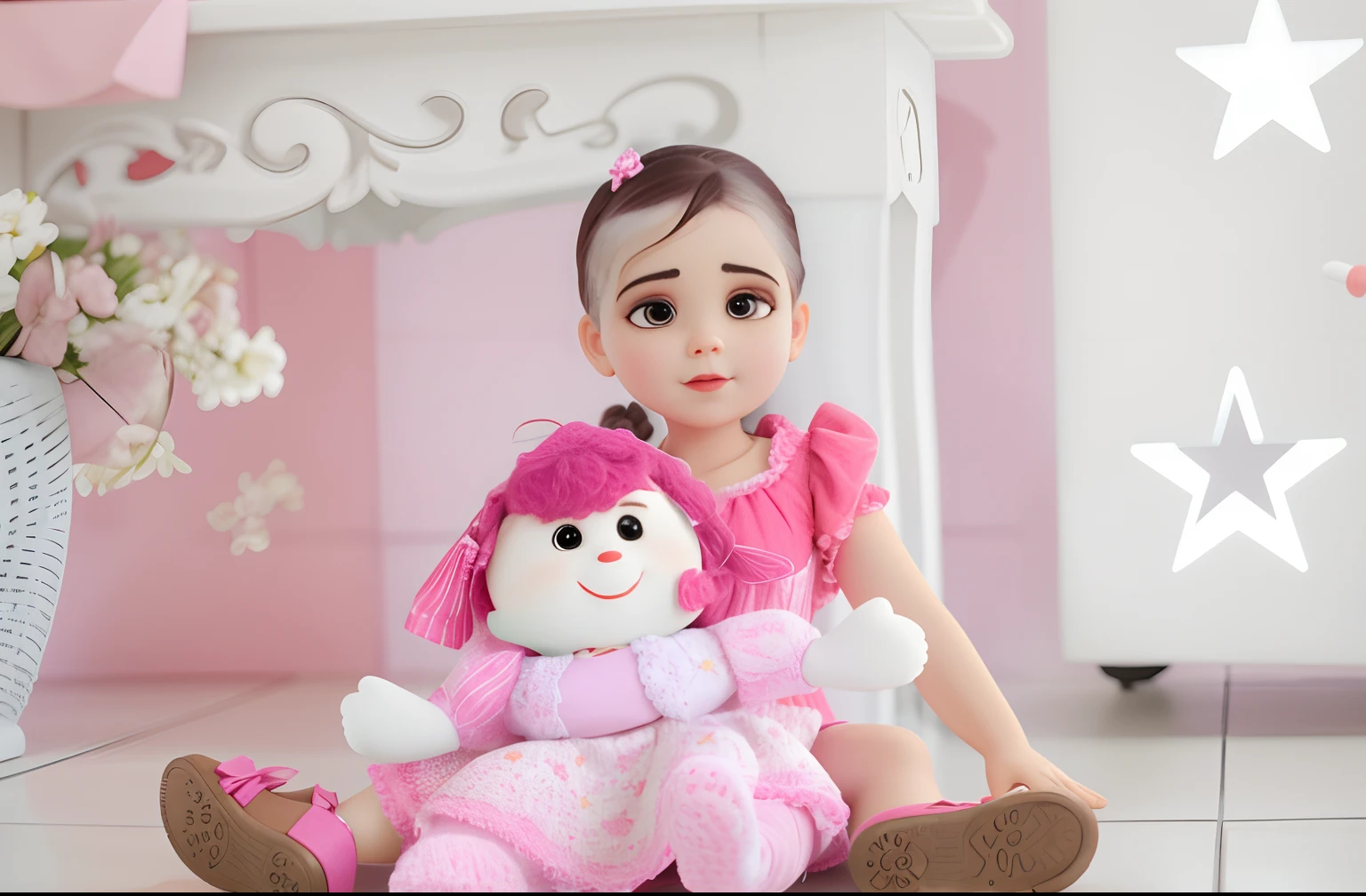 Bebe sentada com uma boneca sentada na frente dela