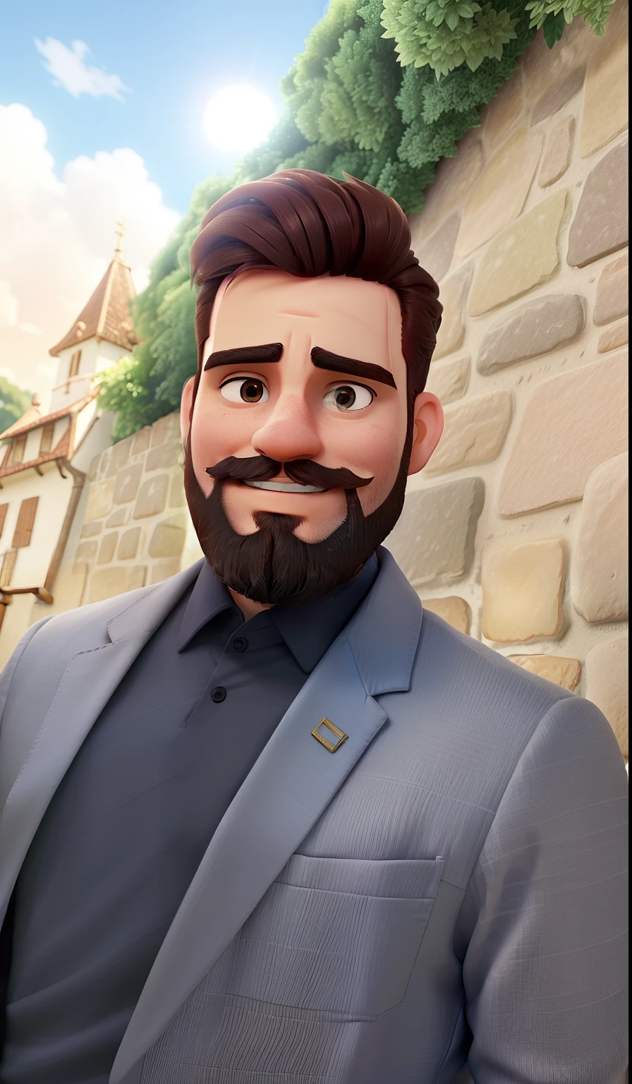 Um homem moreno de barba e terno, parado na frente, illuminated by the light of a lamp, contra o pano de fundo de uma parede de pedaras medievais