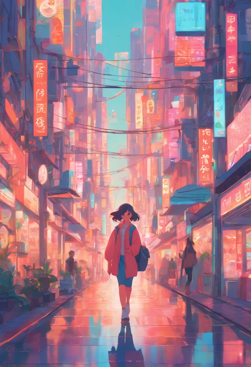 Illustration of a woman walking through a city with various objects, Pastelcolor editorial illustration, No estilo de James Gilleard, illustration style, arte de james gilleard, flat illustration, in illustration style digital, magazine illustrations, editorial illustration, digital illustration -, #illustration, magazine illustration, inspirado em James Gilleard, modern illustration, illustration | Rutkowski, stylized digital illustration