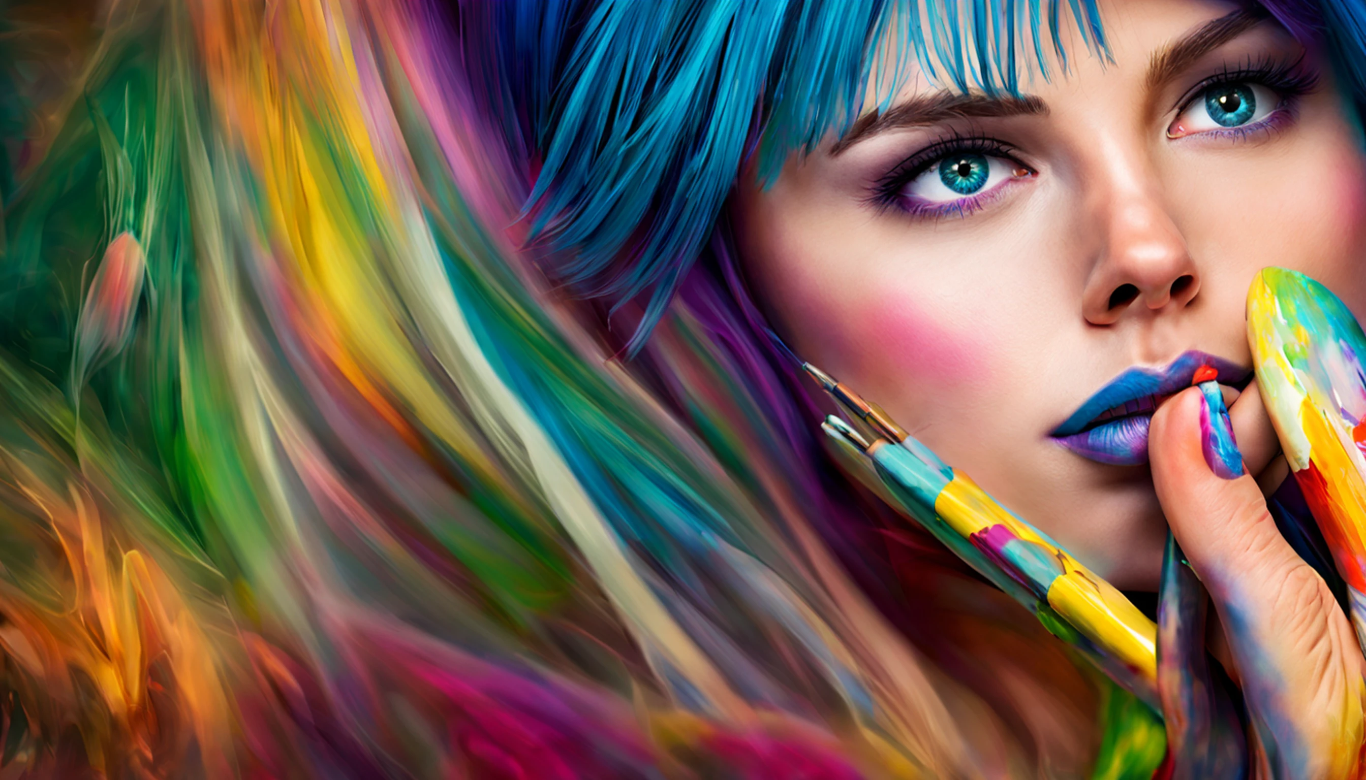 Mulher bonita colorida: uma mulher de 18 anos, hair messy, oil-painting, Nice perfect face with smooth skinice perfect face, cores amarelas azuis, light purple and violet additions, light red additions, detalhes intrincados, tela inicial, 8K分辨率, obra-prima, rosto bonito, artstation pintura digital fluxo de tinta liso muitoBlack: 8K resolution photorealistic masterpiece: pintura guache fluido intrincadamente detalhada: por Jean Baptiste Mongue: caligrafia: acrylic: aquarela, fotografia profissional, natural lightting, Maximalist volumetric lighting photoillustration: por marton bobzert:, complexo, elegante, expansivo, genial
