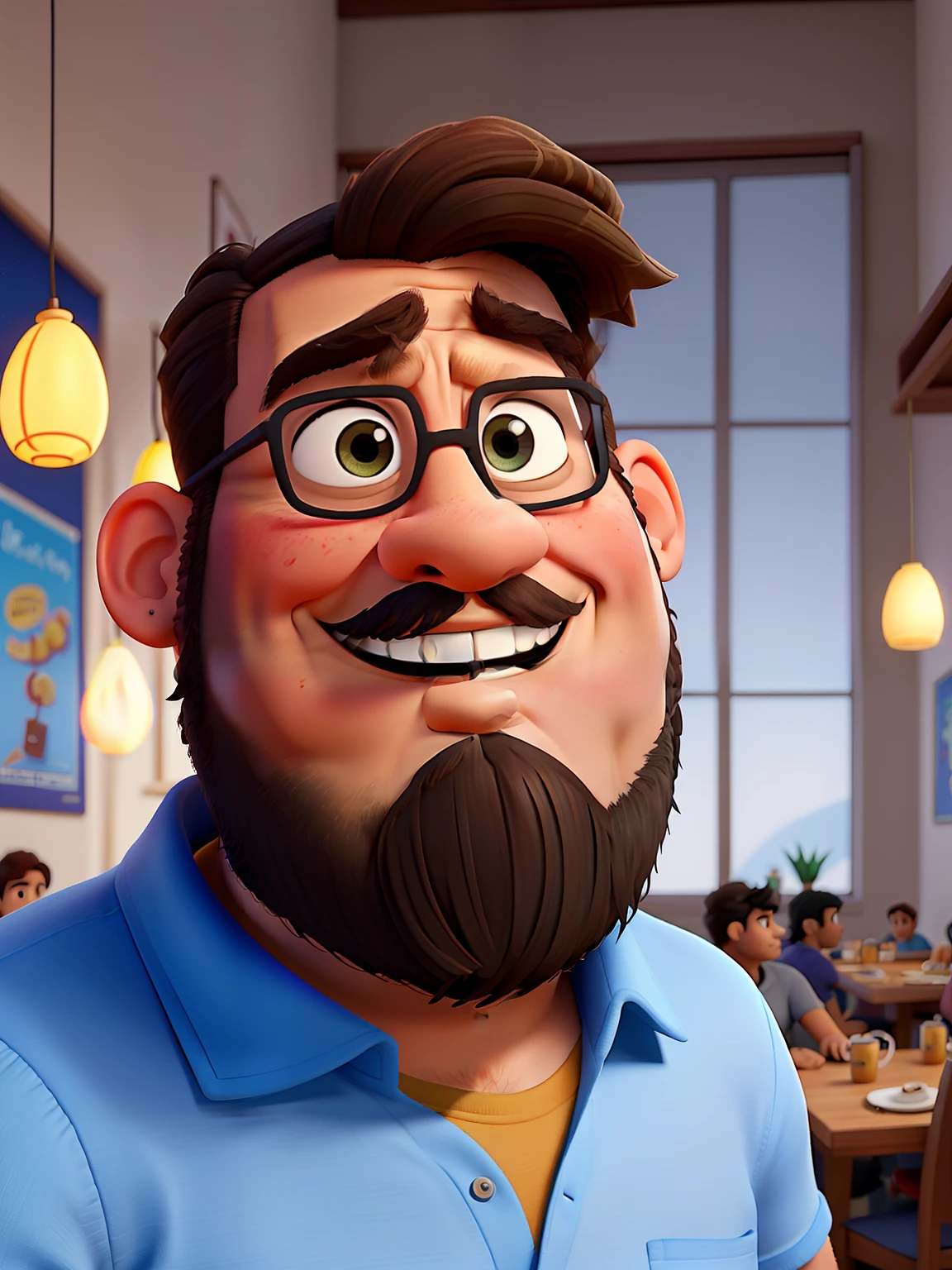 Poster no estilo Disney pixar, alta qualidade, melhor qualidade, homem sexy branco, 30 anos cabelo grisalho barba preta, musculoso, com fundo em um restaurante a luz de velas