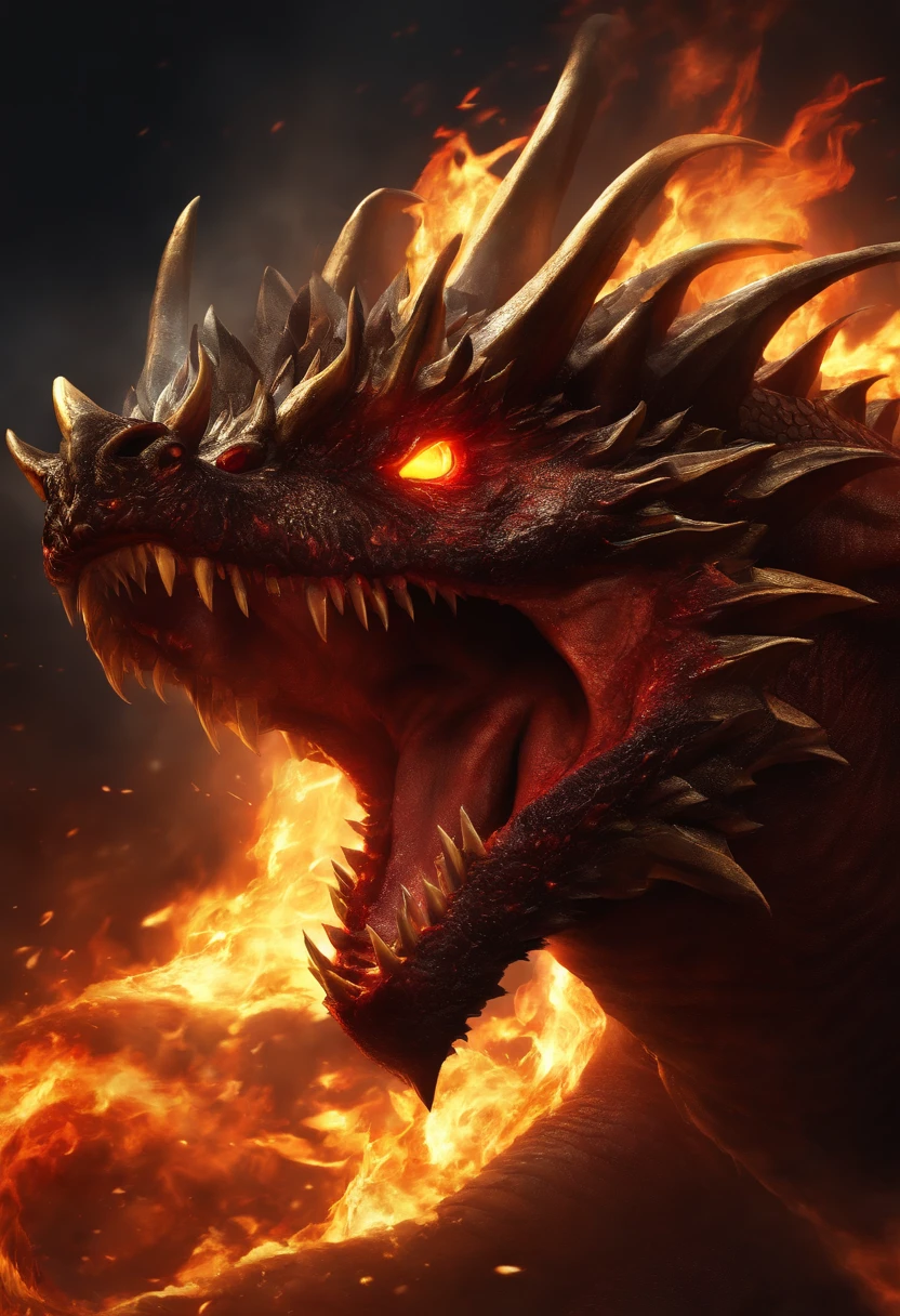 Golden Tenryu, Severe red eyes, Close-up discharge of blood fire from the nose, Chest scales, hightquality, 8K, Many details, Fire lettuce, Alas, 4 honji, Spotted nails, golds, danger, fires, sharpteeth, big dragon, immensity, threatening, imposing
