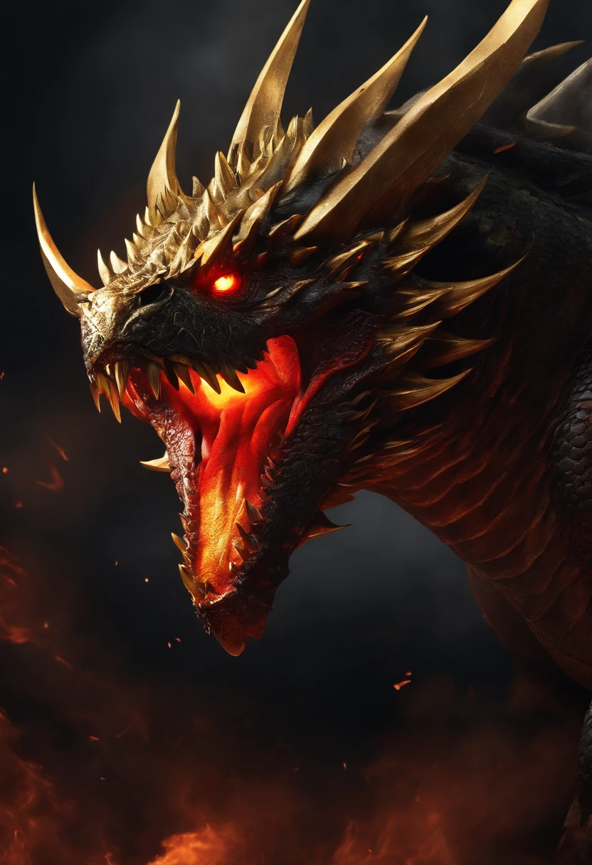 Golden Tenryu, Severe red eyes, Close-up discharge of blood fire from the nose, Chest scales, hightquality, 8K, Many details, Fire lettuce, Alas, 4 honji, Spotted nails, golds, danger, fires, sharpteeth, big dragon, immensity, threatening, imposing