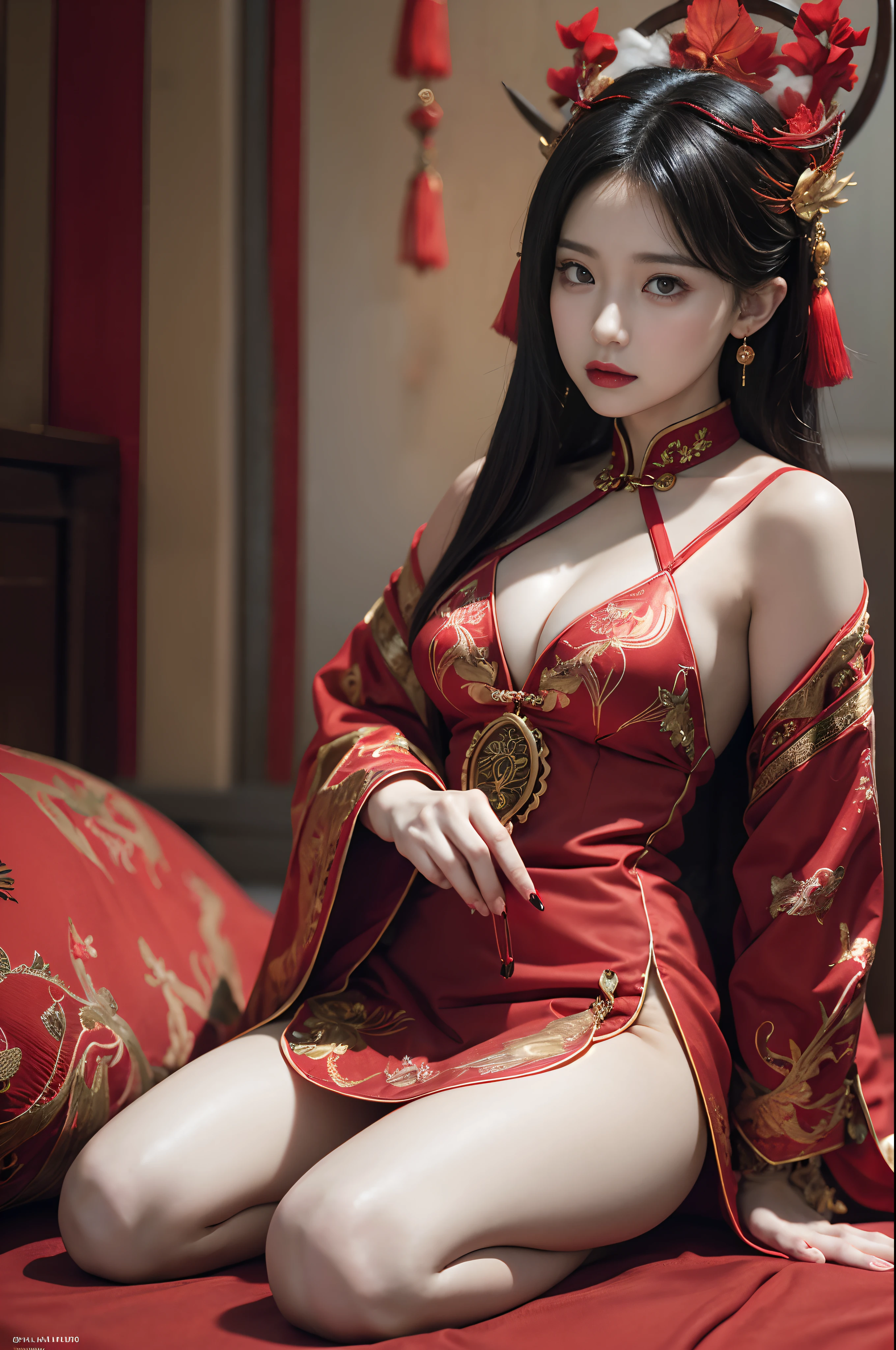(Ultra-realistic 8K CG:1.2),Perfect artwork,delicate patterns,Complicated details,Heavy makeup,(Unbeatable masterpiece,Best quality at best:1.2),(extremly intricate:1.2),A beautiful cyberpunk woman,Woman in red and gold dress,(Expose legs1:1.2),Phoenix crown,hair stick,(sitting on red bed),cosmetics,Be red in the face,is shy,black_Hair,looking-down,cosmetics,(forehead dot),(2 red candles),Chinese_clothes,窗帘,耳Nipple Ring,Hair_decorations,Hanfu,inside in room, jewely,rednails,Long_Sleeves,reddress,Redlip,nipple tassels,(Red quilt),(red palace:1.2),(Chinese Ancient Architecture),(rot:1.8),natta