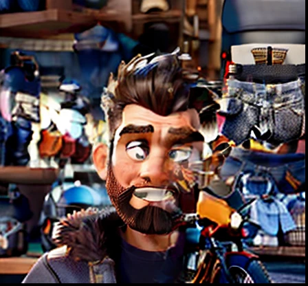 master part, best quality, um velho com barba branca e longos cabelos castanhos, vestindo uma jaqueta de couro e jeans preto, ao lado de sua motocicleta