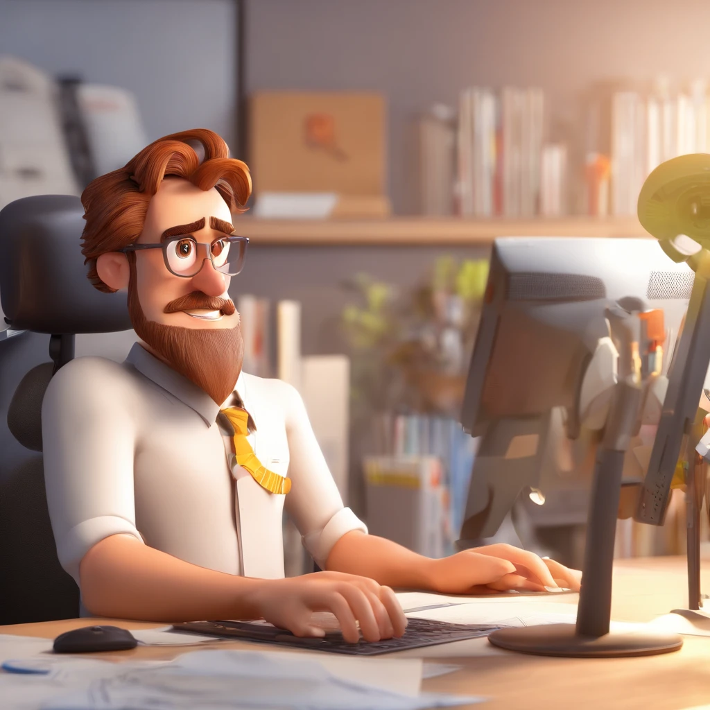 Crie um cartaz inspirado na Disney Pixar com o personagem sendo um contador com boa postura, Um homem de cabelos pretos com barba media, In an office with a laptop on the desk