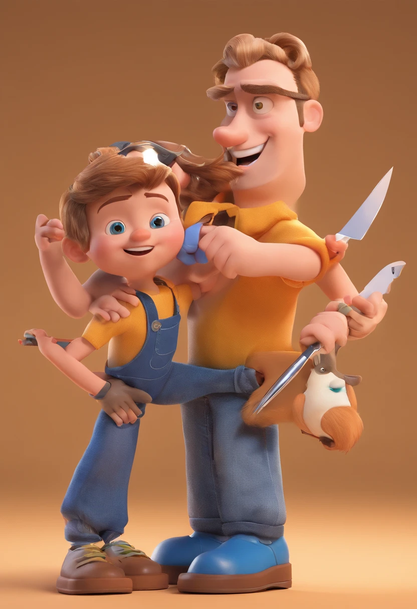 Estilo Pixar: The grown man is holding a naked blue-eyed boy and in his other hand he is holding a pair of scissors and is trying to cut off the boy's testicles,3D Poster,Disney