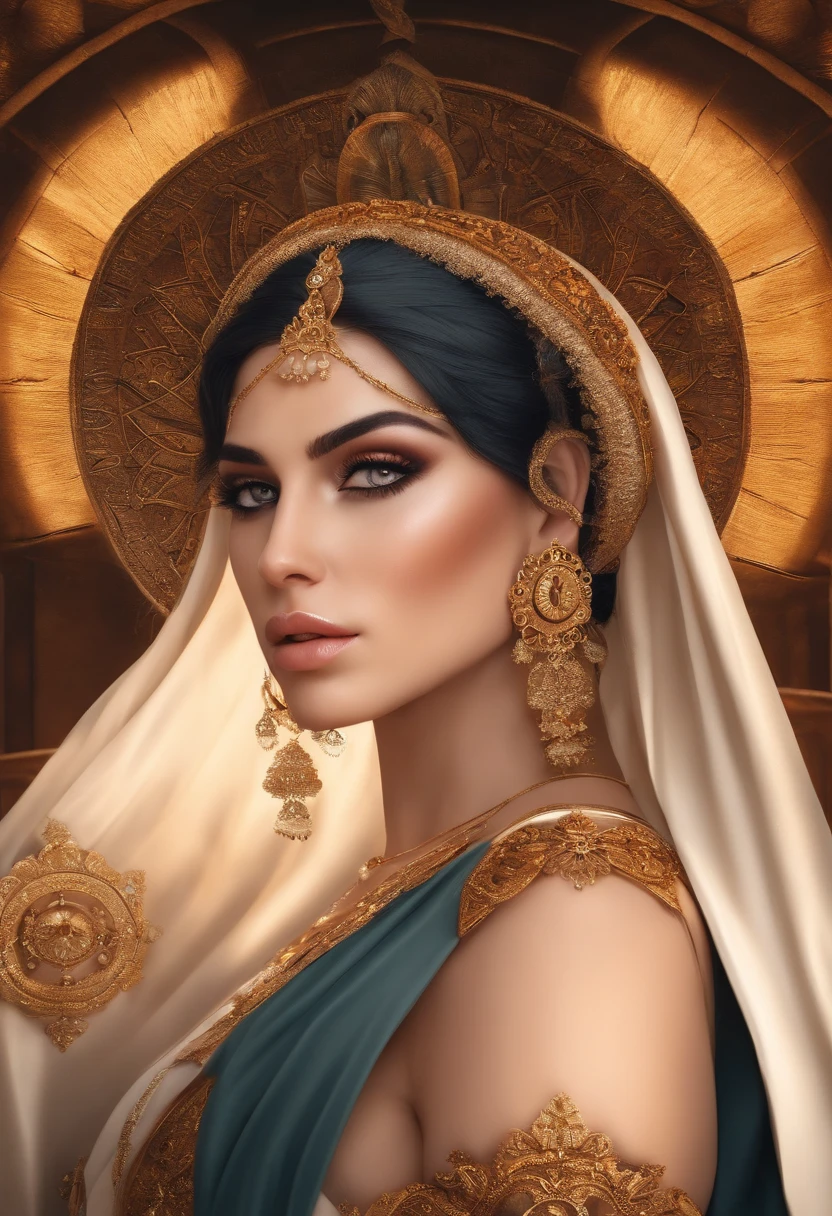 Beautiful portrait of an attractive Persian Princess who is a queen, beautiful princess, face painting, dramatic lighting, intricate, wild, highly detailed, digital painting, artstation, concept art, smooth, sharp focus, illustration, art by artgerm and greg rutkowski and alphonse mucha, footage from space camera