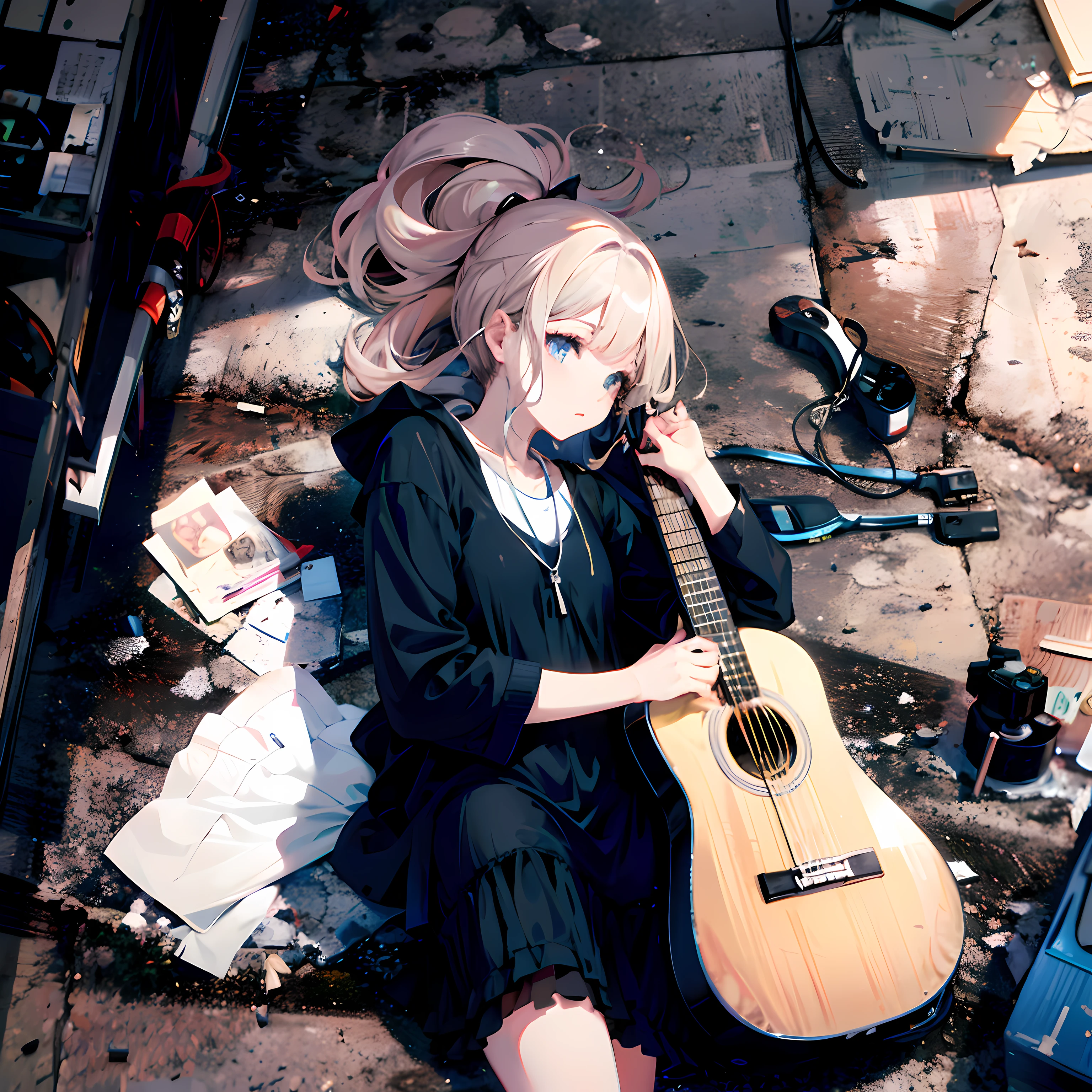 Anime girl with guitar sitting on the ground next to a pile of junk, (Anime Girl), 4k anime wallpaper, Anime art wallpaper 8k, anime art wallpaper 4k, anime art wallpaper 4k, best anime 4k konachan wallpaper, Beautiful anime girl, nightcore, high definition anime art, anime girl desktop background, anime style 4 k