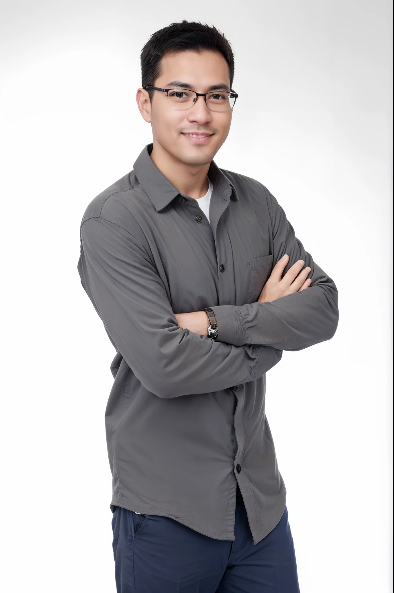 Smiling man in glasses and gray shirt with arms crossed, henry ascensio, retrato de corpo inteiro, fotografia de corpo inteiro, foto de corpo inteiro, Mohamed Chahin, Potrait, foto retrato, full protrait, head shoot, Profile Picture: Headshot, john jude palencar, catalog photo, photo shot in the head, foto de corpo inteiro, Retrato no meio da foto, Raden Saleh