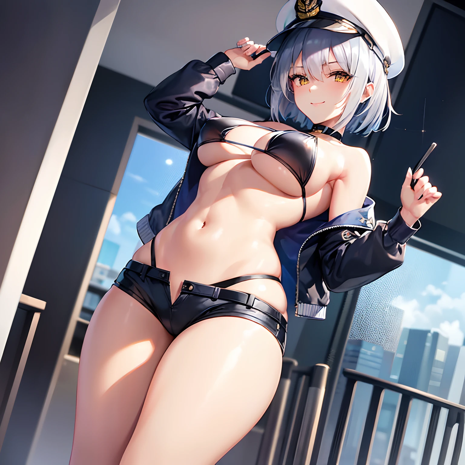 High quality, cool beauty, beauty, adult atmosphere, beautiful silver hair, short hair, bangs, Russian-style beauty, beautiful legs, tight beautiful breasts, anime woman with umbrellas and shorts dressed like a police officer on tires 1 girl Baltimore (Azur Lane), race queen, official alternative costume, solo, breasts, navel, swimsuit, yellow eyes, blue hat, bikini, hat, short hair, smile, silver hair, look at viewers, high leg, flag, high leg bikini, micro shorts, blue jacket, choker, peak cap, glossy chest