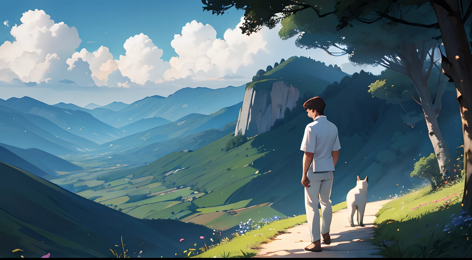 A man with short dark brown hair and white clothes admires the peaceful new world accompanied by his black cat, They're with their backs to the viewer and they're far away, alto de uma colina, Flores silvestres, florestas.
