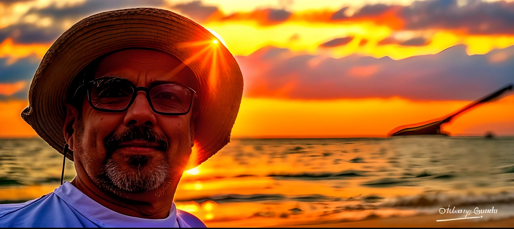 There's a man with a hat and glasses standing on the beach, on the beach at sunset, on the beach during sunset, at the beach on a sunset, on the beach at sunset, standing near the beach, in the sunset, standing at the beach, standing on the beach at sunset, Notan sol no fundo, foto de perfil, during sunset