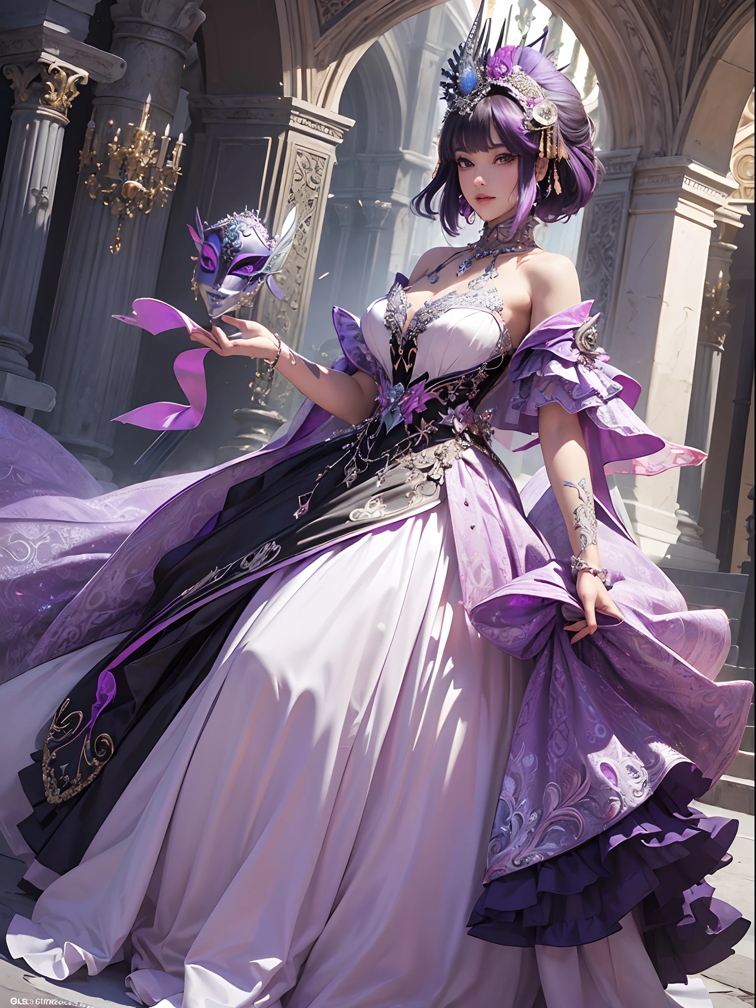Purple and silver tones、Vibrant colors、((masterpiece)))、(((top-quality)))、((ultra-detailliert))、(A hyper-realistic)、(highly detailed CGillustration)、Official art、Venice at the beginning of the 20th century、Decadent、Madame Papillon、Masquerade、Elegance、Masks that cover most of the face、Colorful and detailed mask design、matchless beauty、Fans、gorgeous dress、jewely、Perfect Angle、perfect-composition、rightward、full body Esbian