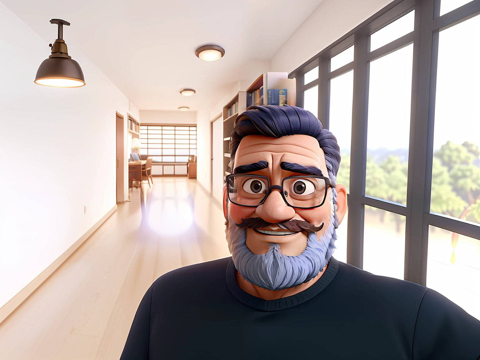 A very wise man with glasses and beard standing in front, illuminated by the light of a lamp, contra o pano de fundo de uma biblioteca