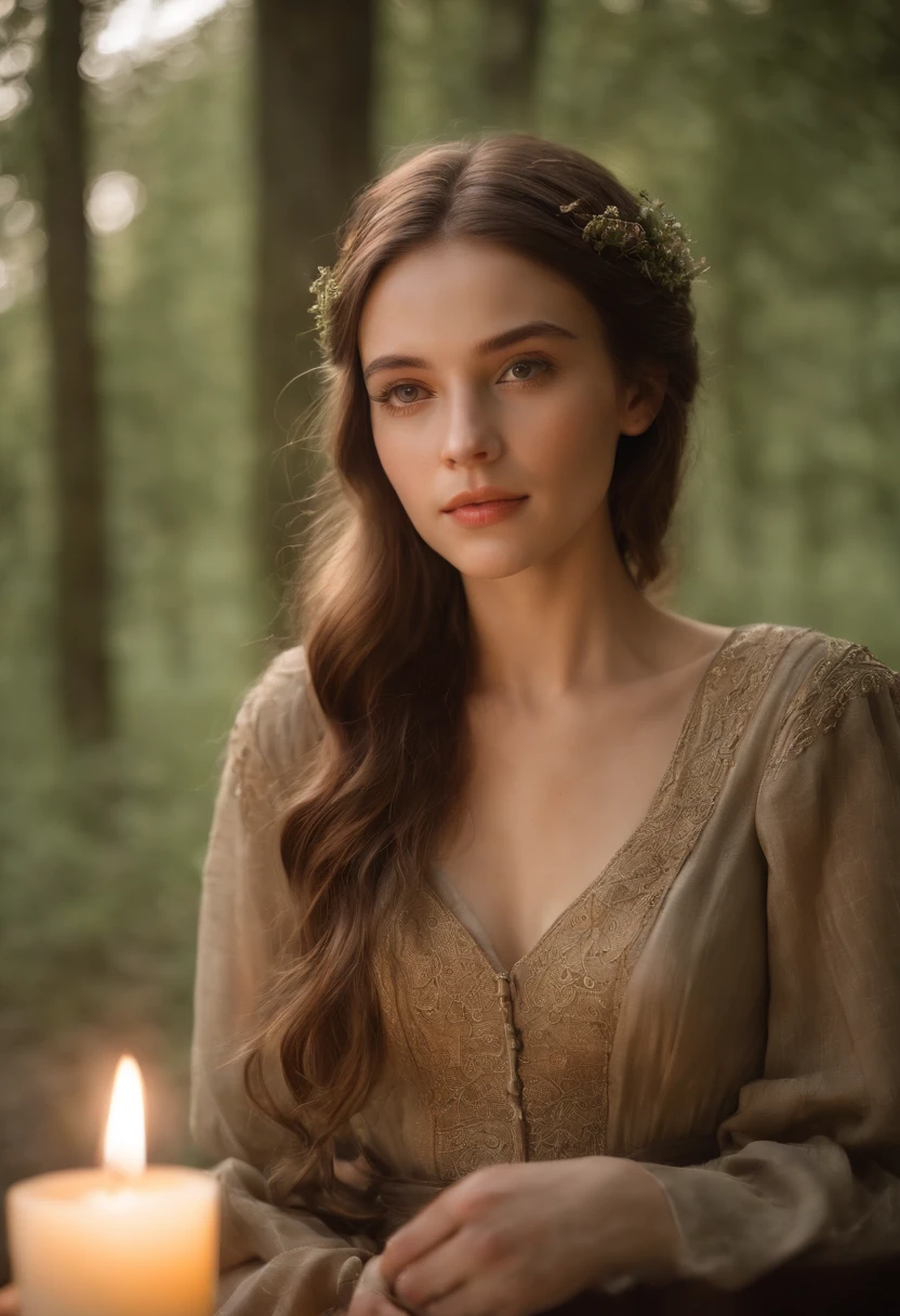 tez justa, Uma mulher em torno de 19 anos, slender and graceful, luz de velas em um ambiente medieval, super sharp focus, lente realista, mini-saias, Quatro cores (cicatriz:1.4)