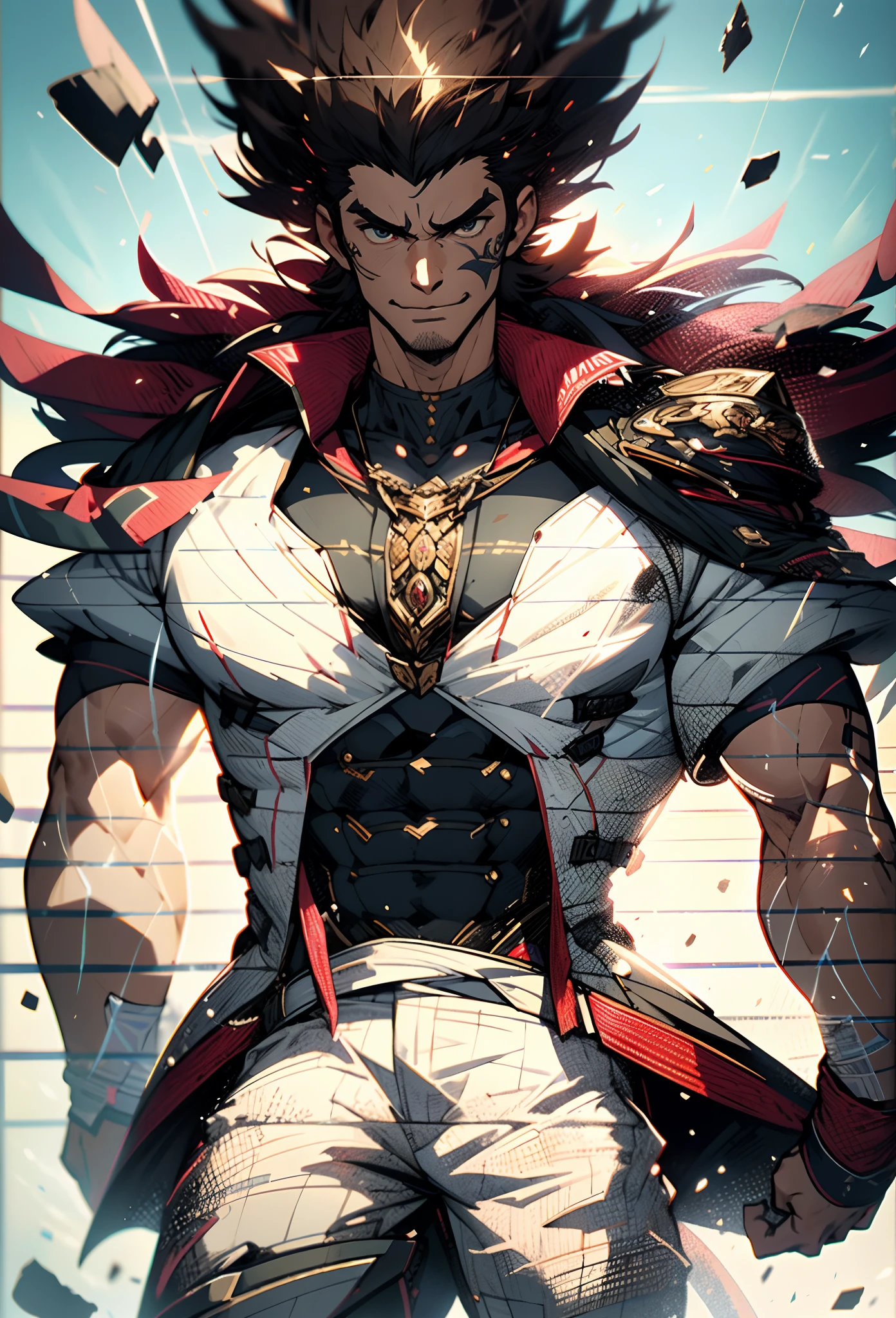 A middle-aged man of about 40, long hair in a striking red and black combination, wild and disheveled hairstyle, a fierce gaze, a confident smile, A lightning-shaped tattoo adorns his left face , a sturdy physique, a majestic fantasy-style coat with short sleeves, a form-fitting scale armor undershirt, Black fur shawl, wrist guards on his wrists, coarse cloth pants, e stands tall like a divine figure against a background of crumbling earth, with floating debris all around, this character embodies a finely crafted child with a fantasy-style dominant in anime style, characterized by an exquisite and mature manga illustration art style, high definition, best quality, highres, ultra-detailed, ultra-fine painting, extremely delicate, professional, anatomically correct, symmetrical face, extremely detailed eyes and face, high quality eyes, creativity, RAW photo, UHD, 8k, Natural light, cinematic lighting, masterpiece-anatomy-perfect, masterpiece:1.5