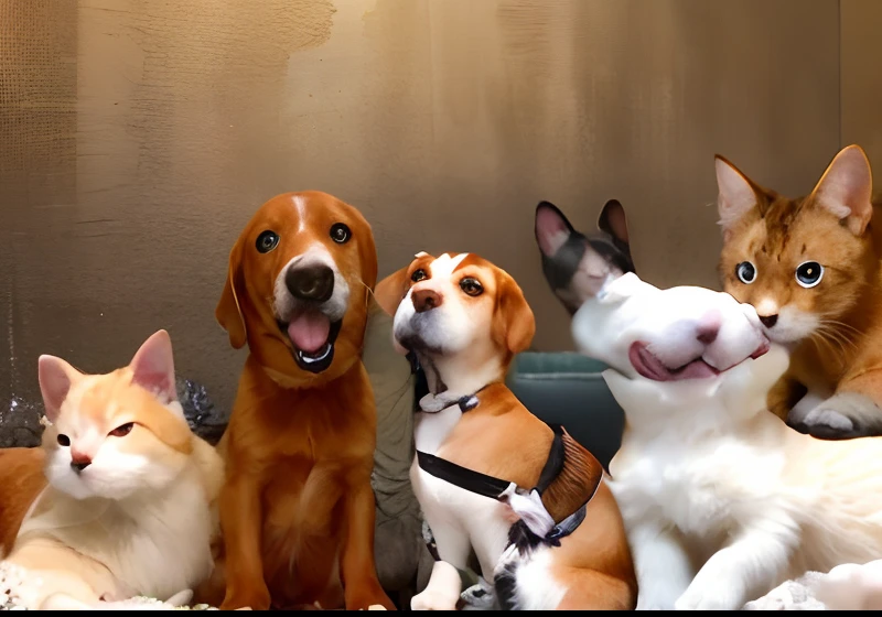 There are many dogs and cats sitting together on the floor, pet animal, Pets, cat dog teddy mix, Gato, cane, Hibrido, Animais, adoptable, cat on top of dog, pet animal, Directed by: Winona Nelson, Destaque, um elegante, dogs, various animals, em um fundo cinza, olhar orgulhoso, animal misto, looking-into-camera, various posed
