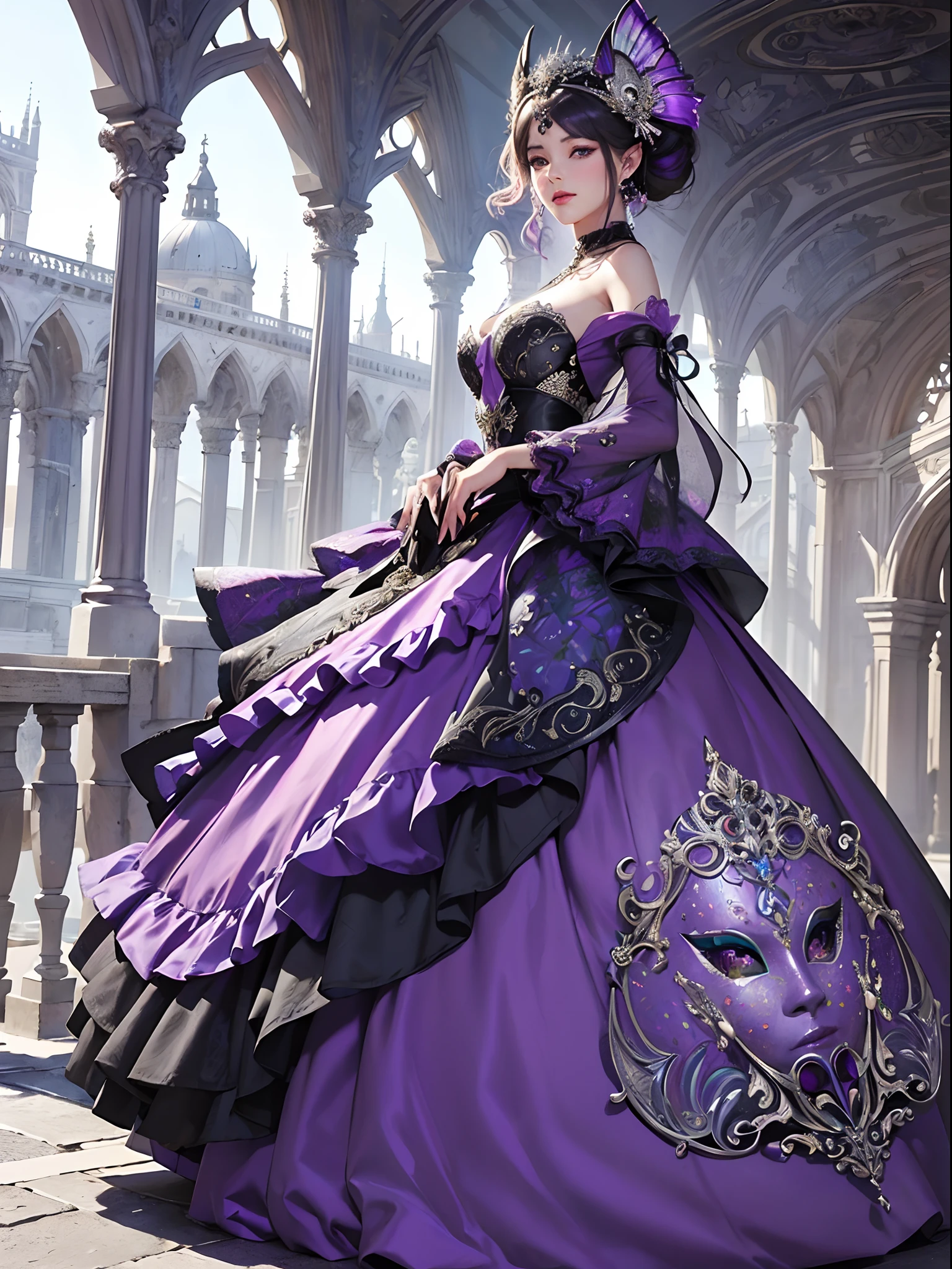 Purple and silver tones、Vibrant colors、((masterpiece)))、(((top-quality)))、((ultra-detailliert))、(A hyper-realistic)、(highly detailed CGillustration)、Official art、Venice at the beginning of the 20th century、Decadent、Madame Papillon、Masquerade、Elegance、Masks that cover most of the face、Colorful and detailed mask design、matchless beauty、Fans、gorgeous dress、jewely、Perfect Angle、perfect-composition、rightward、full body Esbian
