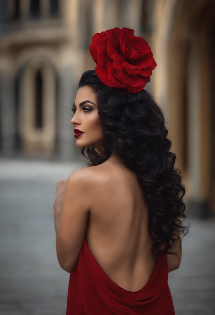 seus cabelos pretos, luxuoso, ondulado, cai graciosamente pelos ombros e flui suavemente ao redor de seu rosto, enquadrando-o com um toque de glamour.